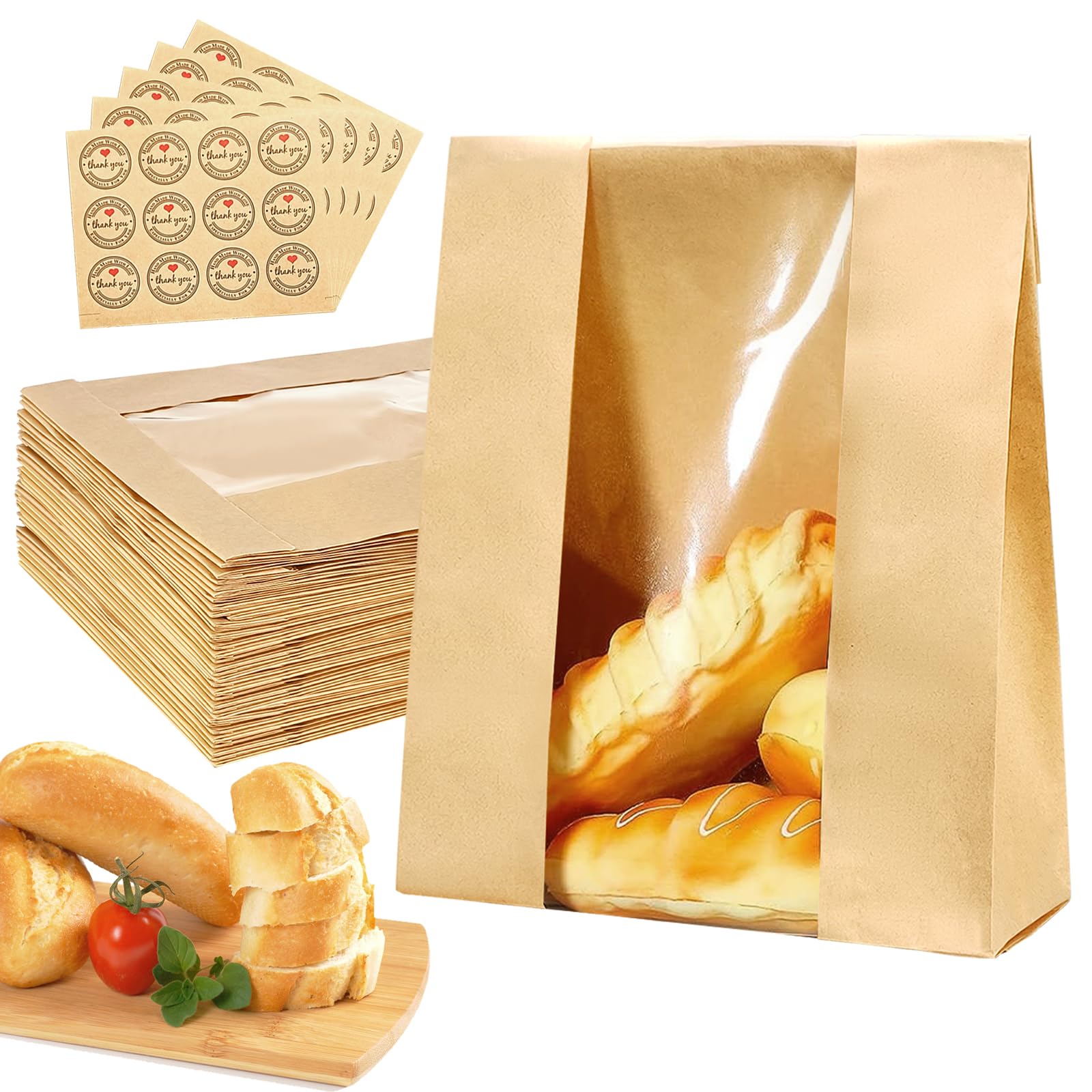 Larger 50 Pack Kraft Sourdough Bread Bags,50% Thicker Bread Bags for Homemade Bread,Pper Bakery Bags with Clear Window, Baked Fo