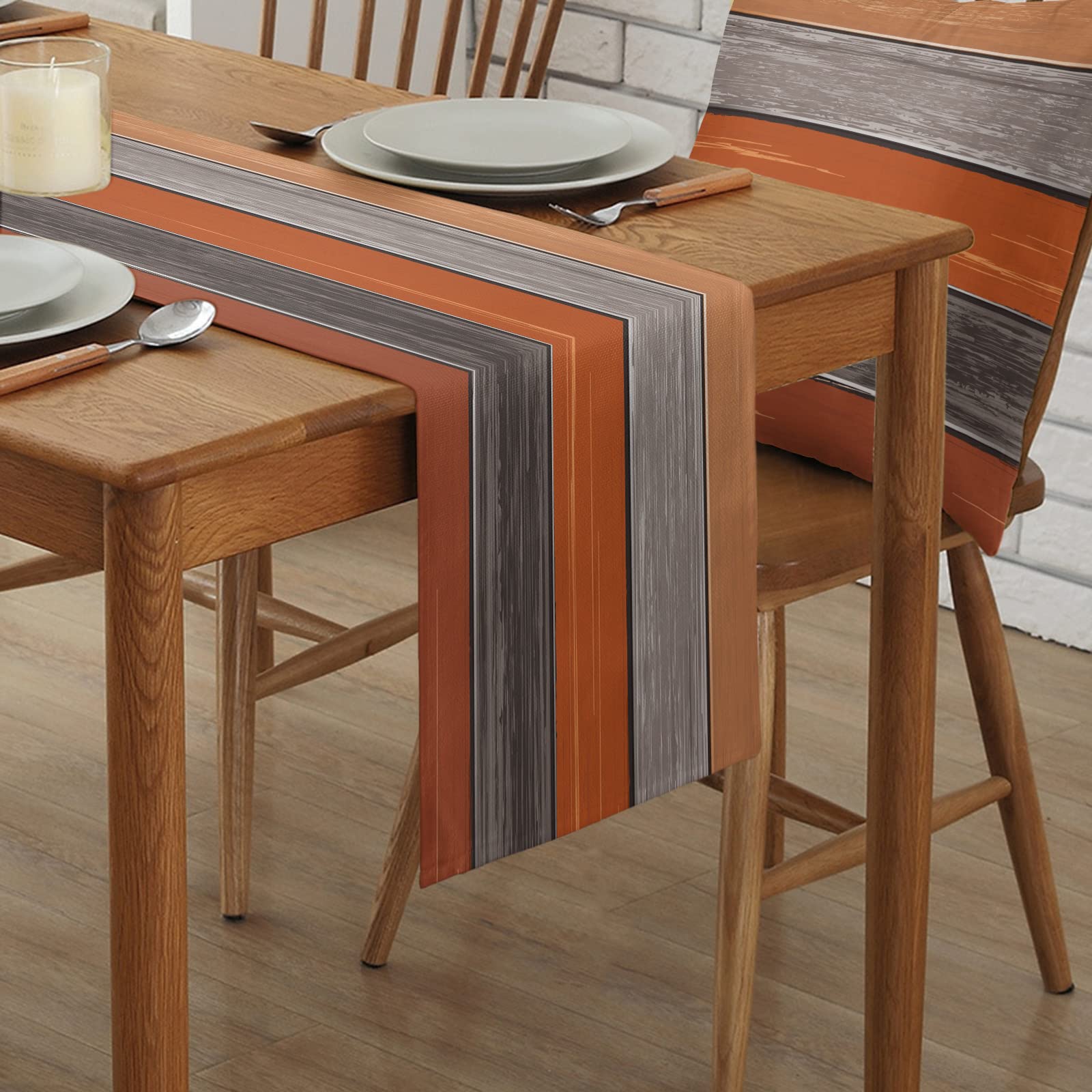 Farmhouse Cotton Linen Table Runner Dresser Scarf Extra Long 108 Inches- Retro Rustic Barn Wood Texture Ombre Burnt Orange Gray