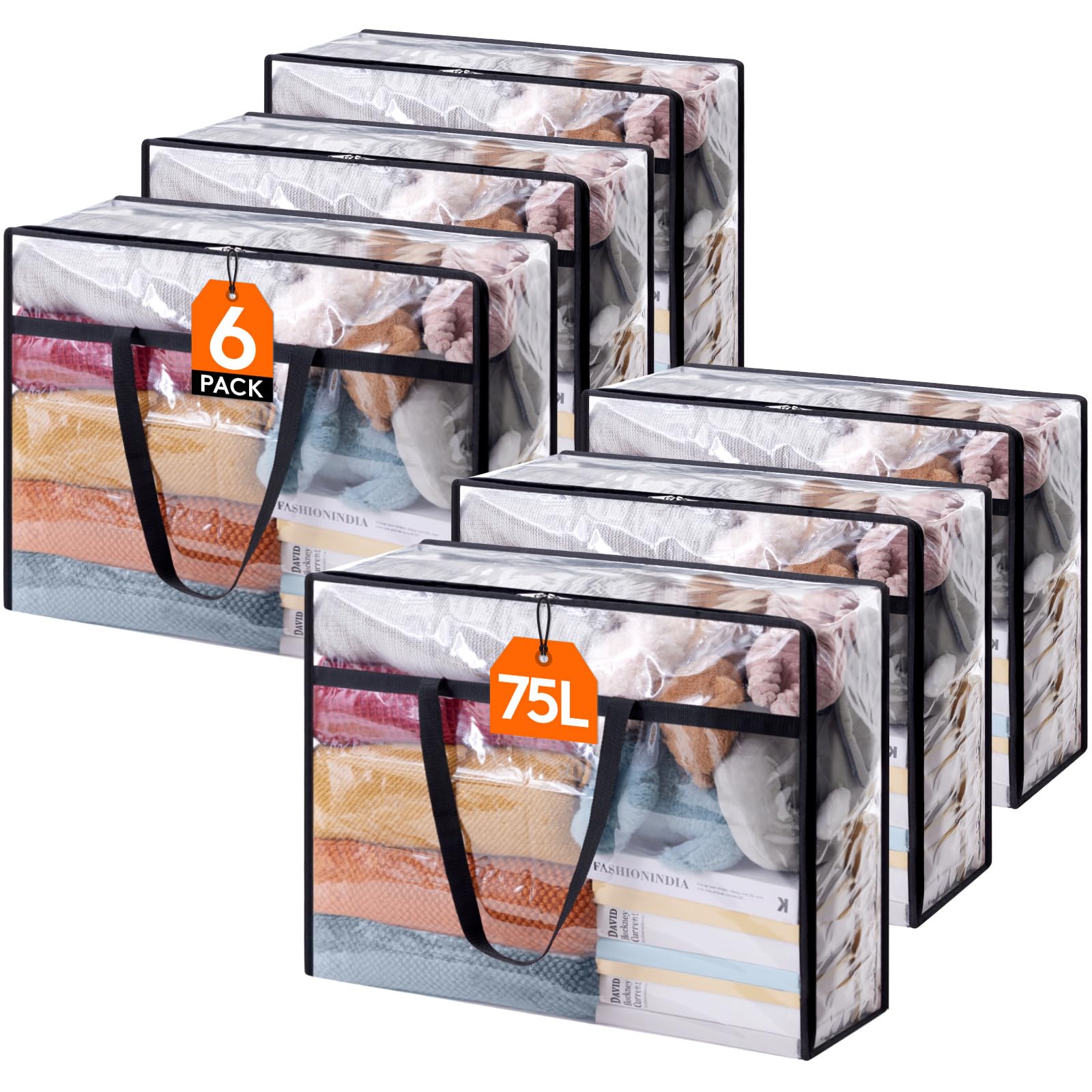 Lifewit 6 Pack Clear Clothes Storage Bags, 75L Large Plastic Blanket Storage, Vinyl Foldable Moving Bags with Zipper, Closet Org