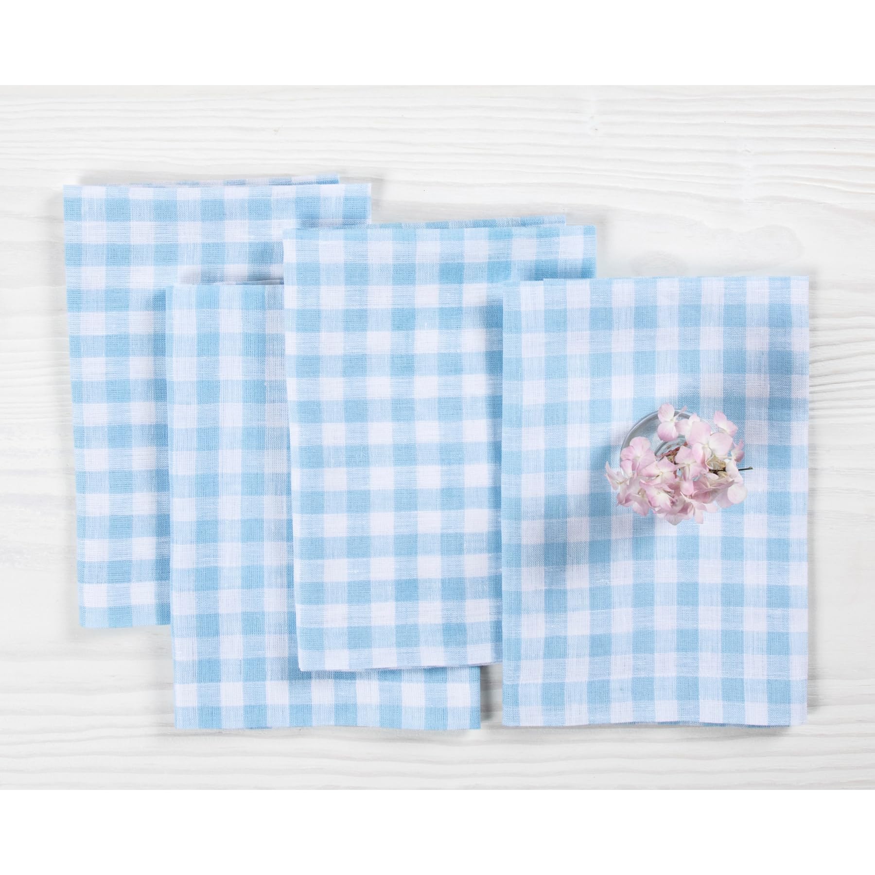 Solino Home Check Linen Dinner Napkins 20 x 20 Inch - 100% Pure Linen Blue Bell Plaid Cloth Napkins Set of 4 for Spring, Easter 