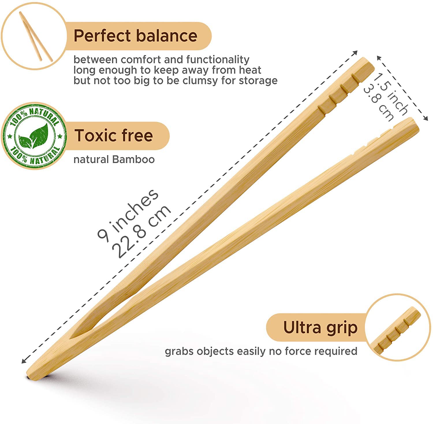 Wooden Toaster Tongs 2 Pcs | Bamboo Kitchen Utensils For Cooking & Holding Toast Bacon Muffin Fruits, Pickles, Cheese Bagel Brea