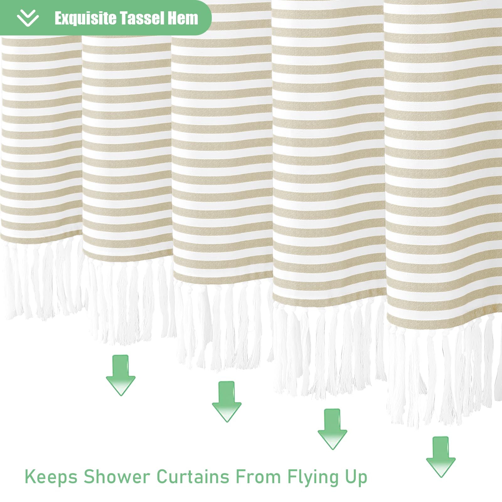 Dynamene Extra Long Shower Curtains, 84 Inches Long Farmhouse Boho Striped Fabric Tassel Shower Curtains For Bathroom, Tall Bohe