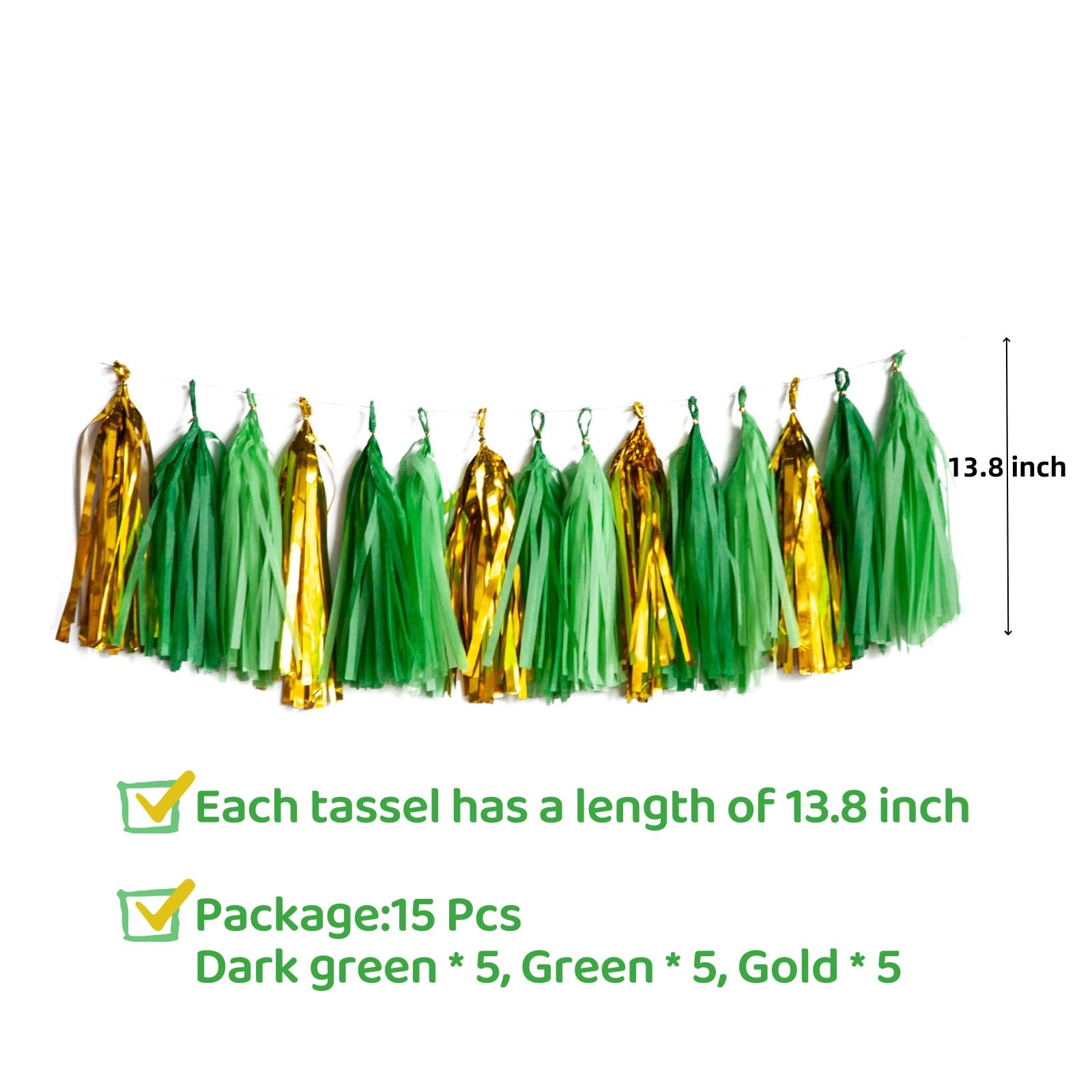Green and Gold Tassel Garland,Tissue Tassel Banner for Party Decorations,Pack of 15