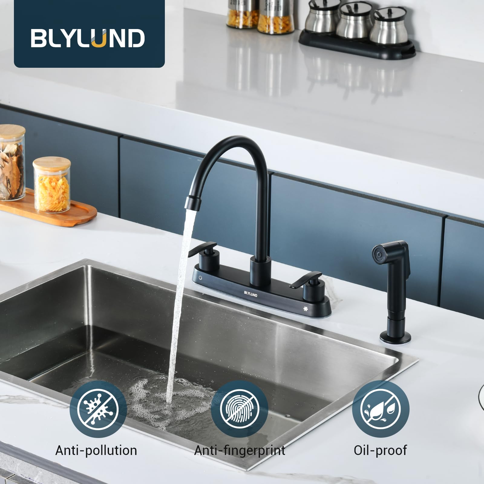 Blylund Kitchen Faucets With Side Sprayer, Matte Black High Arc 8 Inch Centerset 4 Hole Kitchen Faucet 2 Handle Stainless Steel