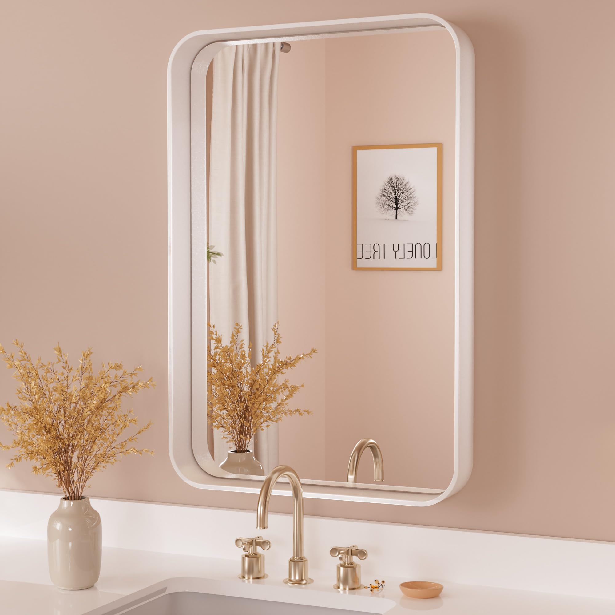 Tetote 16 X 24 Inch White Frame Mirror,Bathroom Vanity Mirror For Wall, Modern Rectangle Round Corner Matte Framed Mirror With S