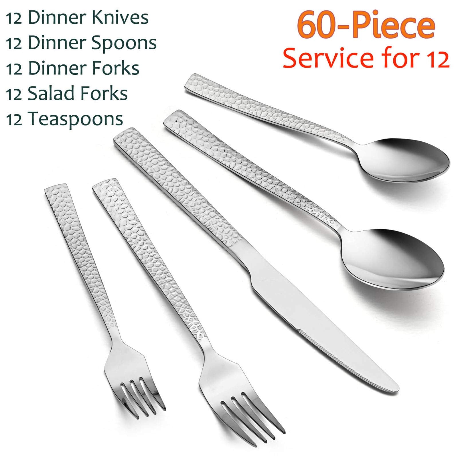E-Far 60-Piece Silverware Set, Hammered Stainless Steel Square Flatware Cutlery Set For 12, Tableware Set Eating Utensils For Ho