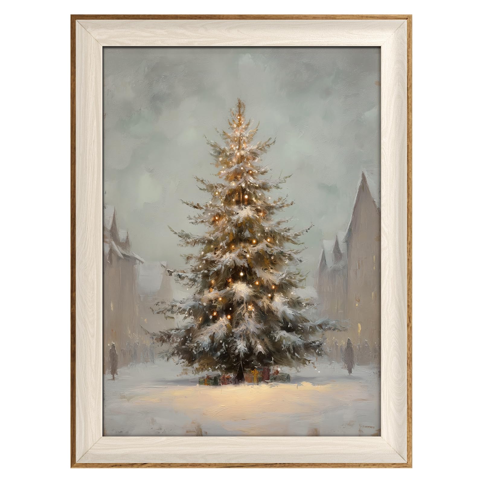 VIYYIEA Winter Framed Wall Art for Living Room, Downtown Christmas Tree Canvas Prints, Oil Painting Home Decor, Christmas Pictur