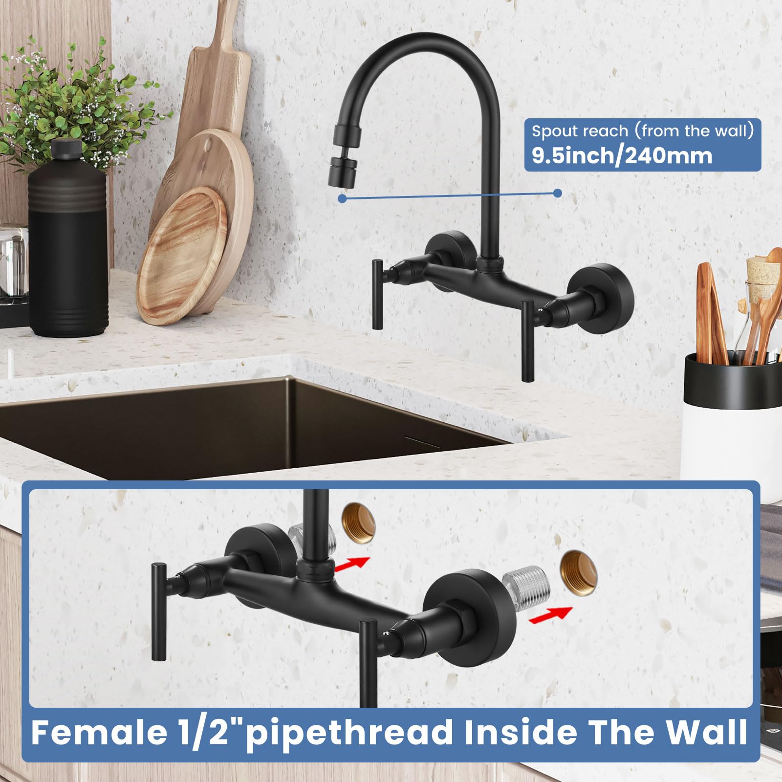 Airuida Wall Mount Kitchen Sink Faucet Matte Black Wall Mounted Kitchen Faucets 8 Inch Center Double Handles 360 Degree Swivel S