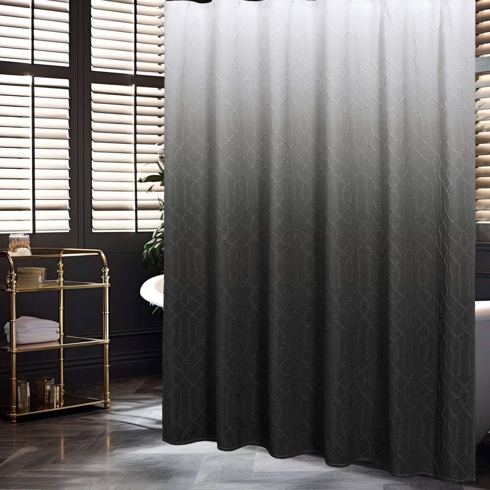 Gibelle Ombre Black Shower Curtain For Bathroom, 3D Embossed Geometric Textured Fabric Shower Curtain Set With Hooks, Modern Far