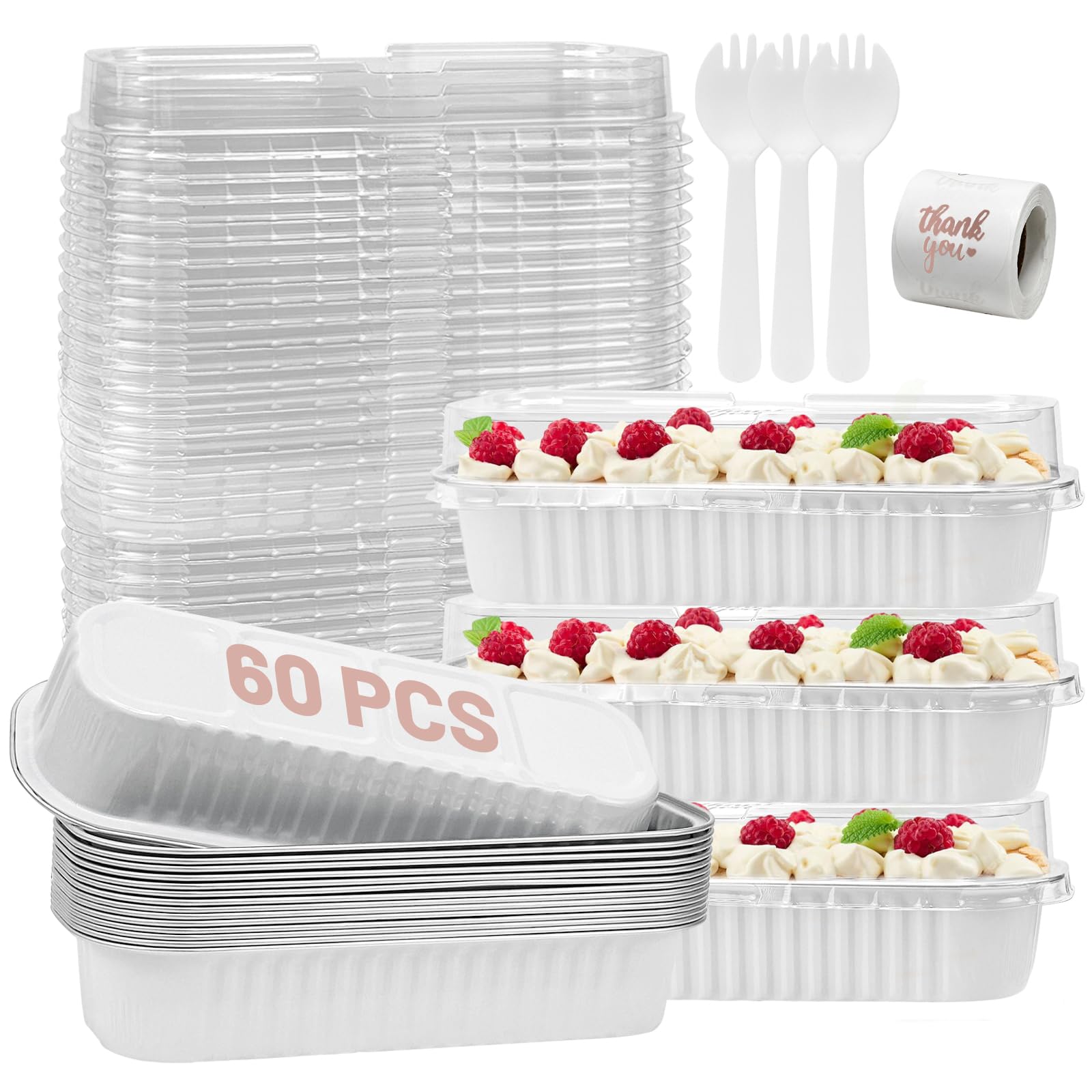 ylnurac 60Pack White Mini Loaf Pans with Lids and Spoons and Stickers Individual Mini Cake Pans Disposable Portable Stackable, 6