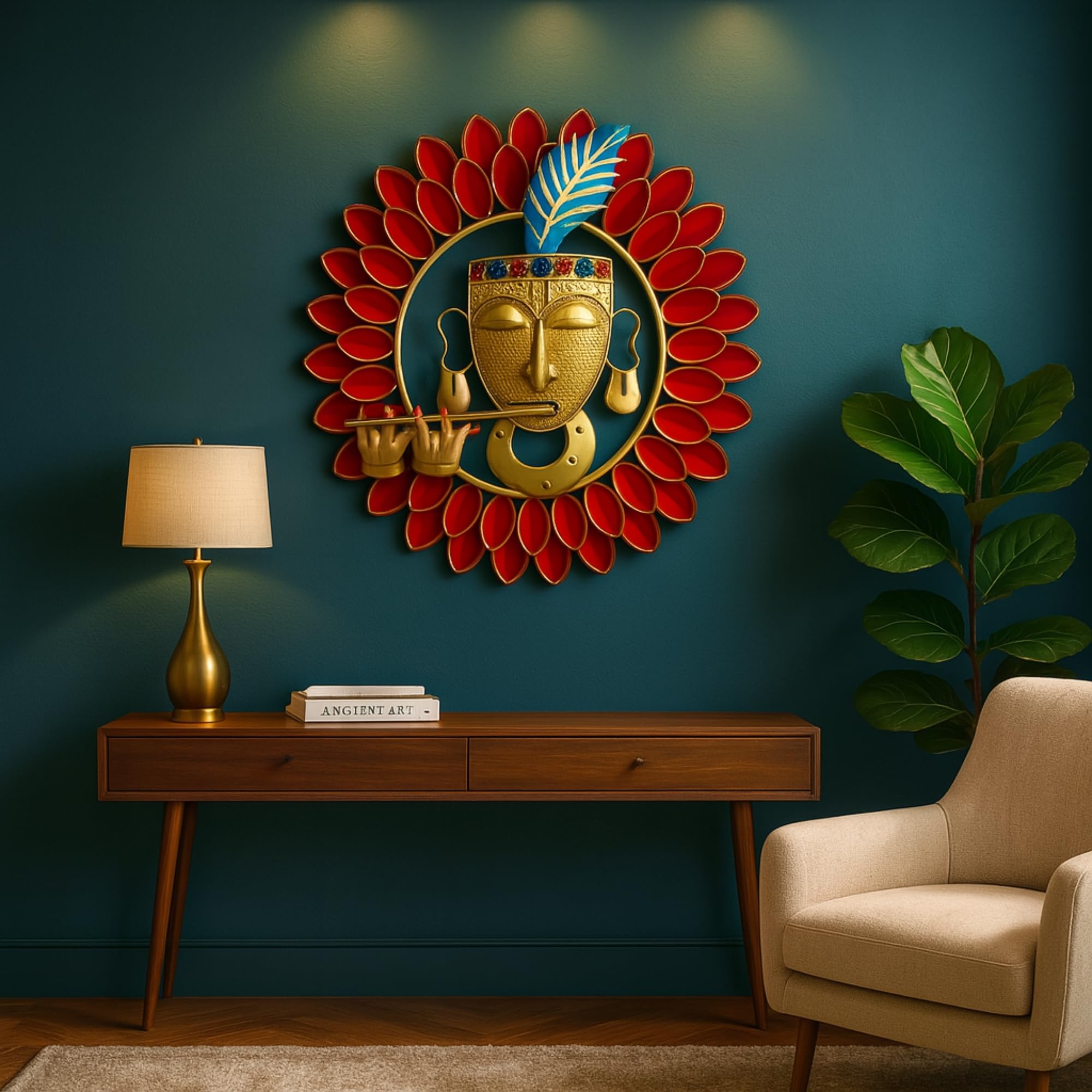 Rsn Vintage Metal Red Krishna Playing Basuri Wall Art Frame, Wall Hangings For Home Decoration, Wall Sculpture For Living Room,