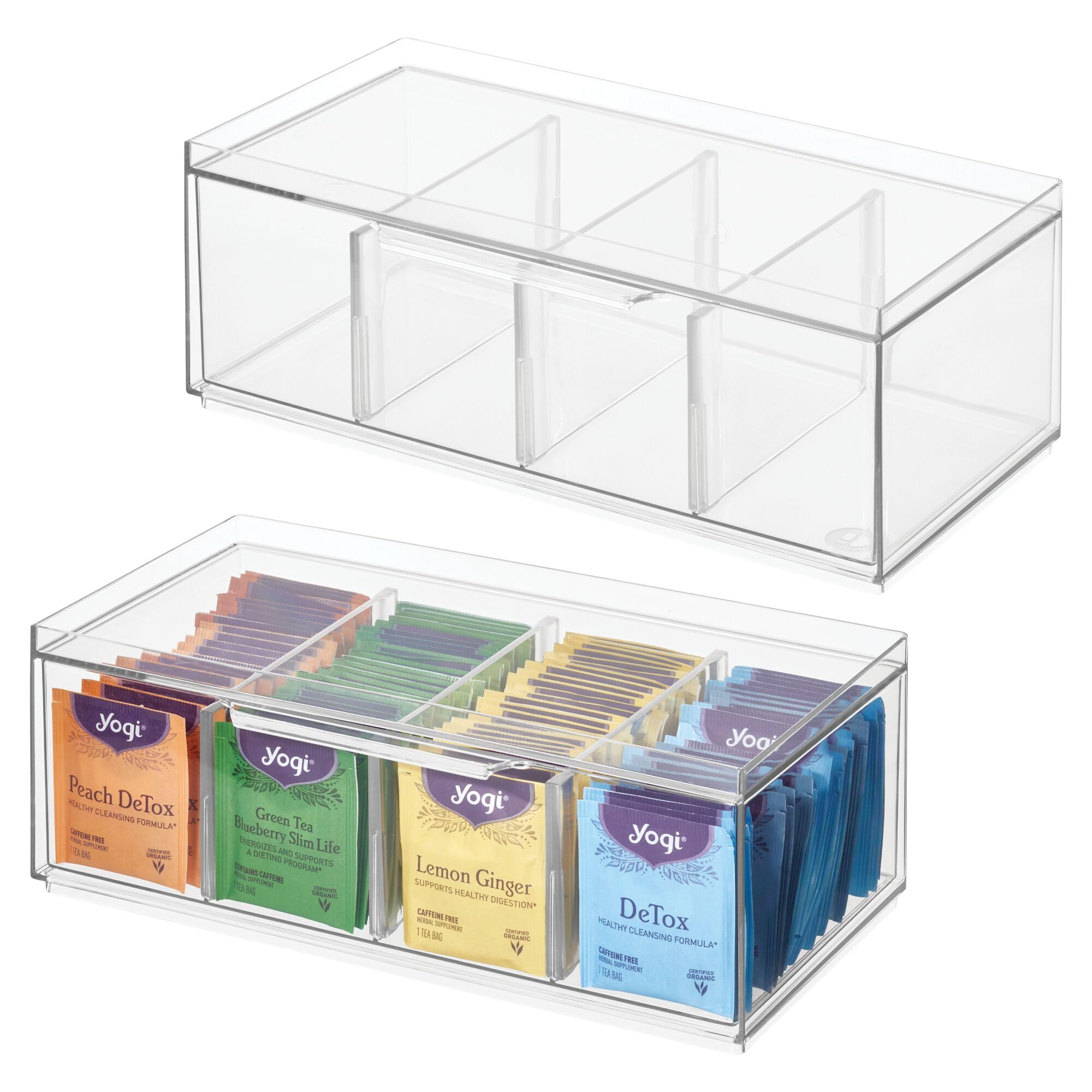 iDesign XL Tea Bag Organizer for Counter, 4-Section Clear Stackable Tea Storage Drawer for Cabinet, 2-Pack