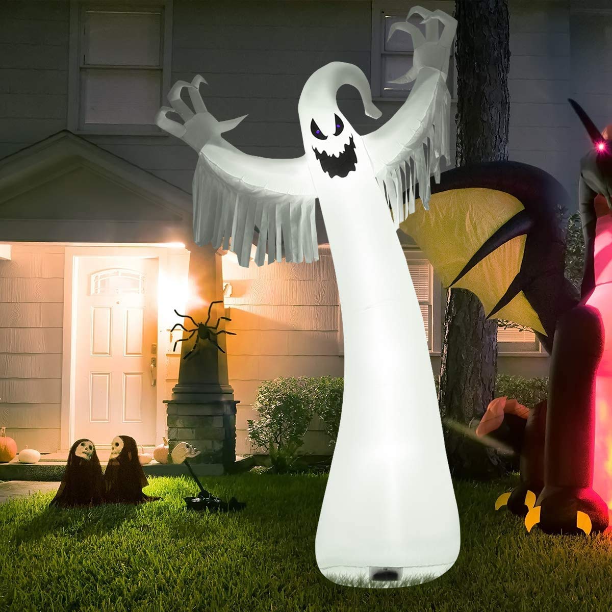 Tangkula 12 FT Halloween Inflatable Ghost, Halloween Ghost Decoration w/Blower and LED Lights, Tear-Proof Air Blown Ghost Party