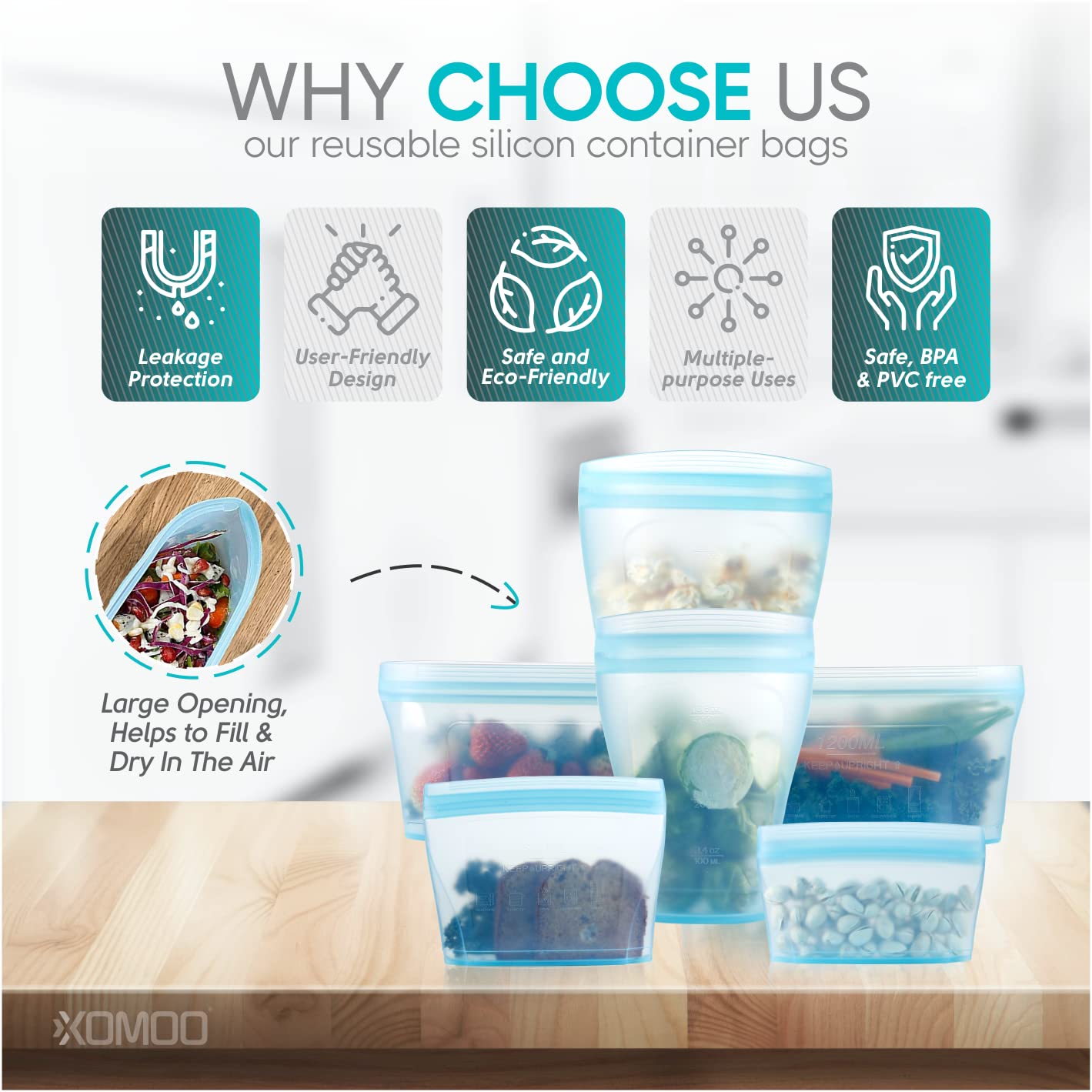 Reusable Food Container Silicone Bag, Upgrade Second Generation 6 Pcs Containers Storage, 100% Silicone Reusable Food Bag, Stand