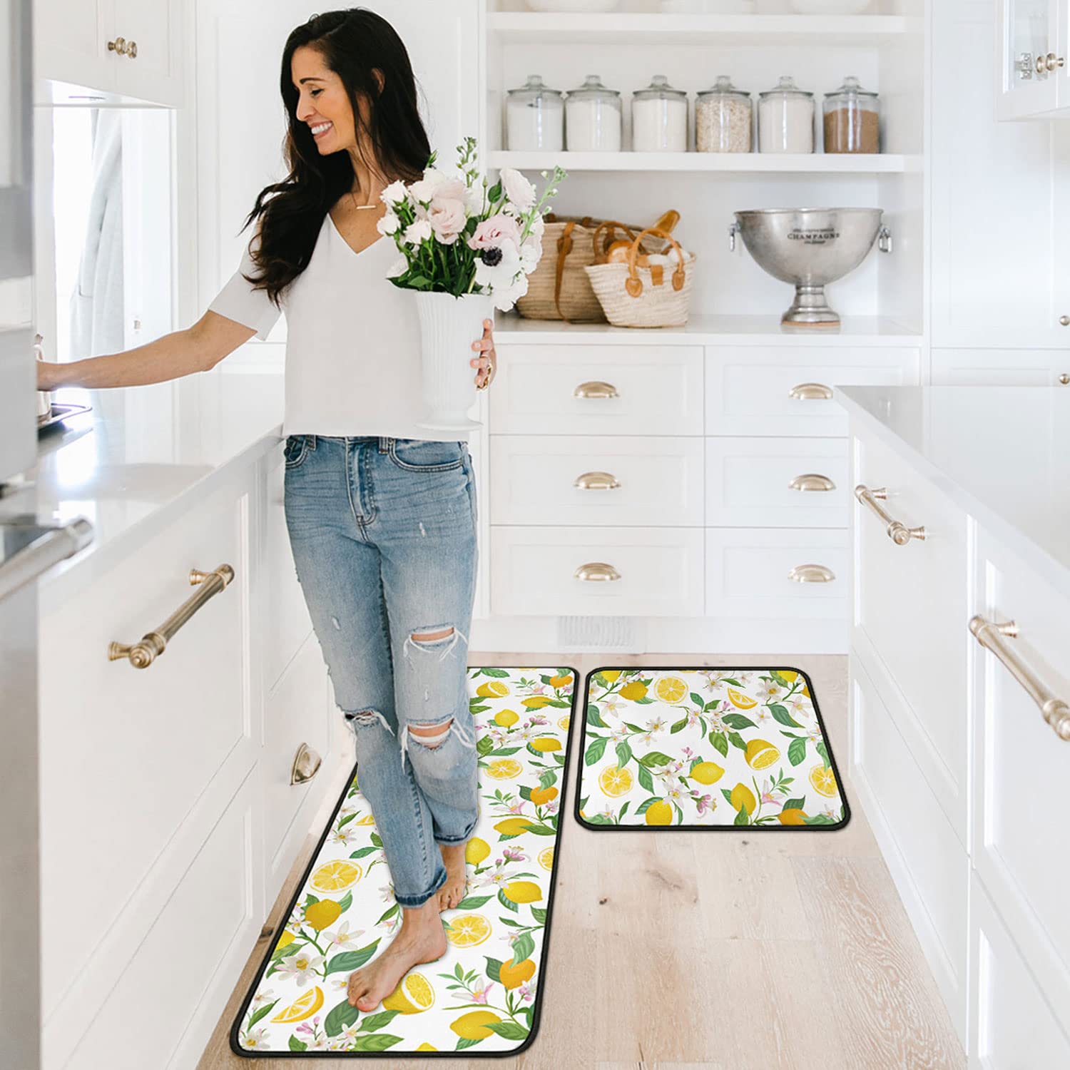 Ouxioaz Lemon Kitchen Rugs And Mats Non Skid Washable Absorbent Microfiber Kitchen Mat For Floor, Kitchen Mat Set Of 2 Lemon Kit