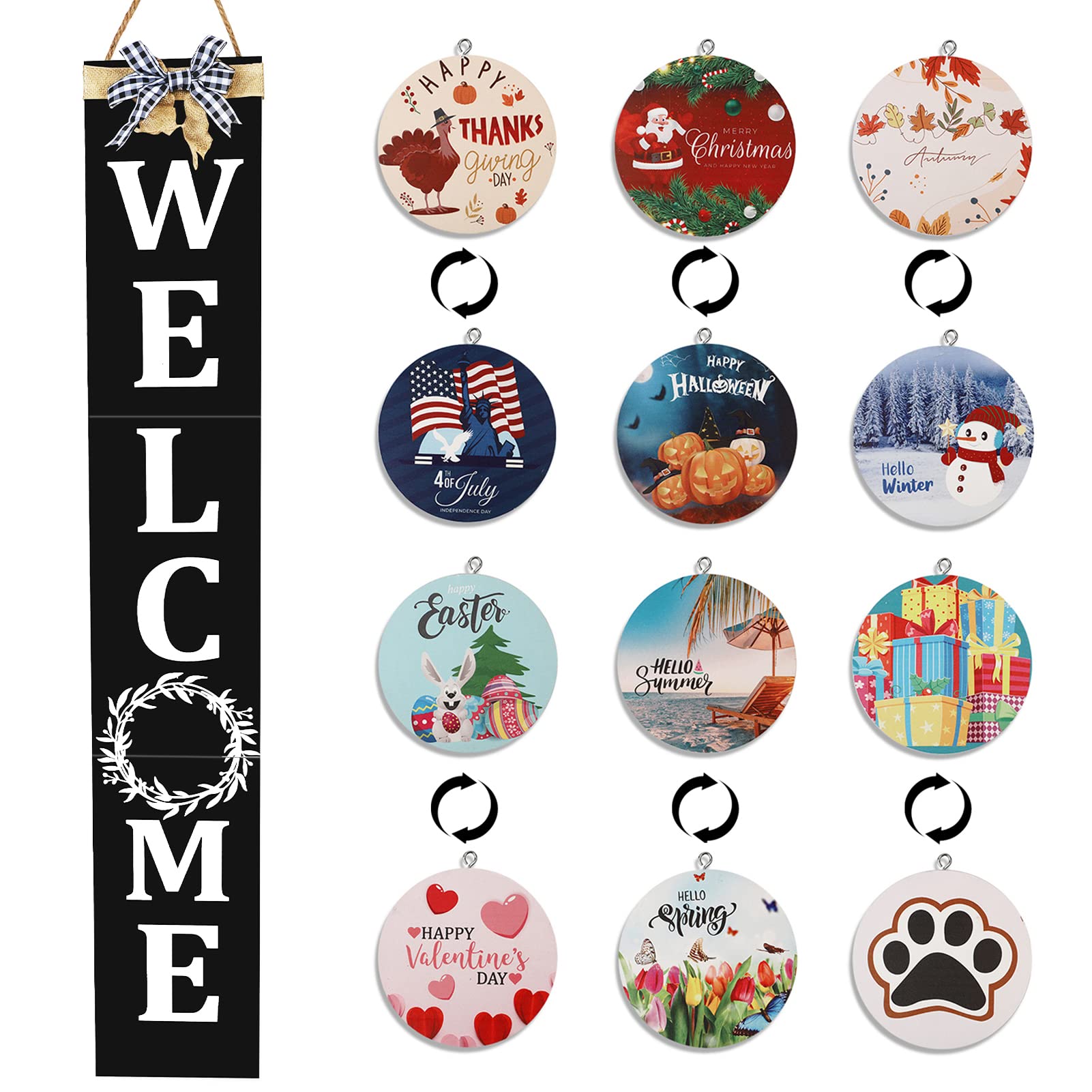 ECOGREDA Welcome Sign for Front Porch- 47inch with 12 Wooden Interchangeable Vertical Home Wall Decor(6 double sided disks), Sta