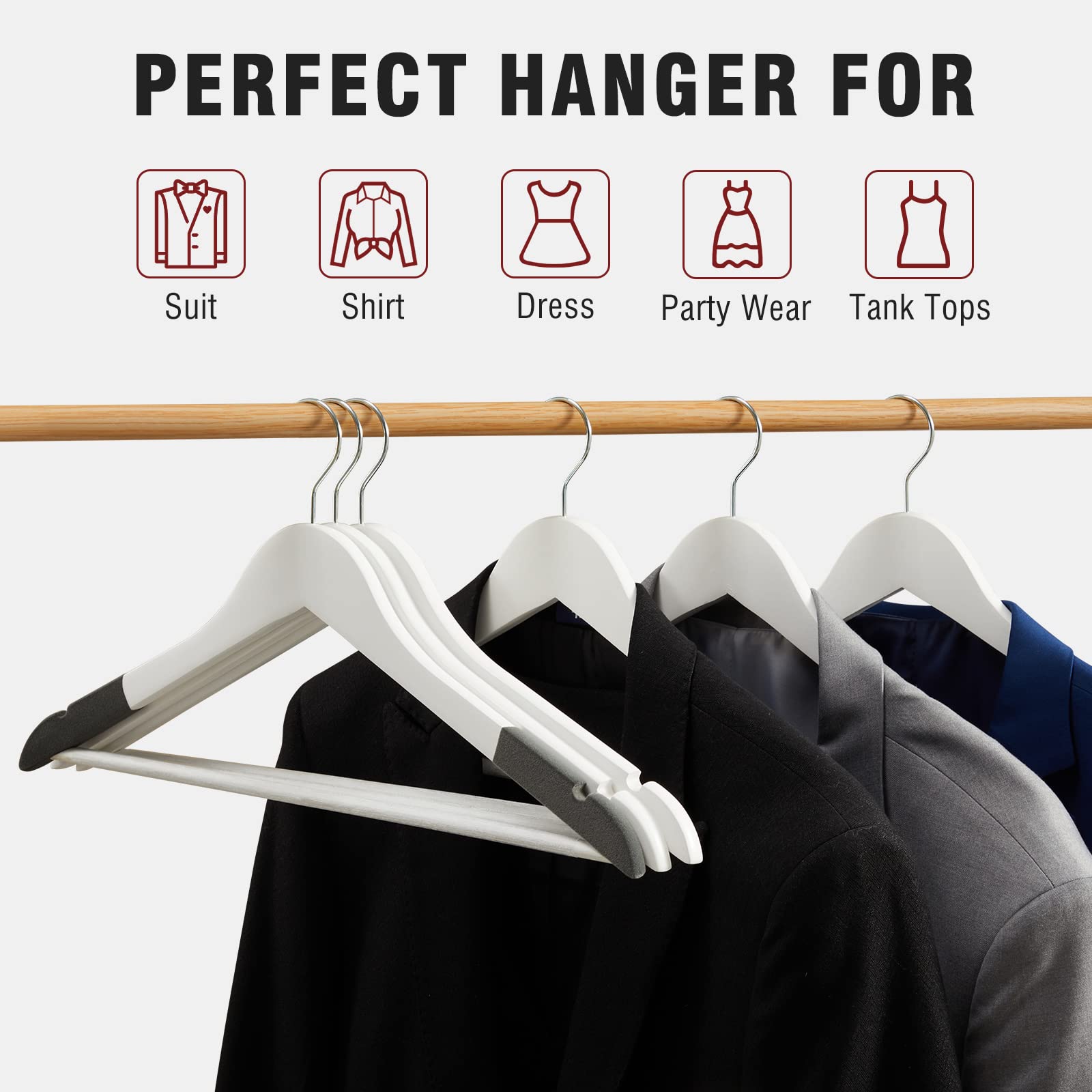 Techmilly 20 Pack Solid Wooden Suit Hangers, Heavy Duty Coat Hangers For Closet, Smooth Finish Clothes Hangers With 360 Swivel H