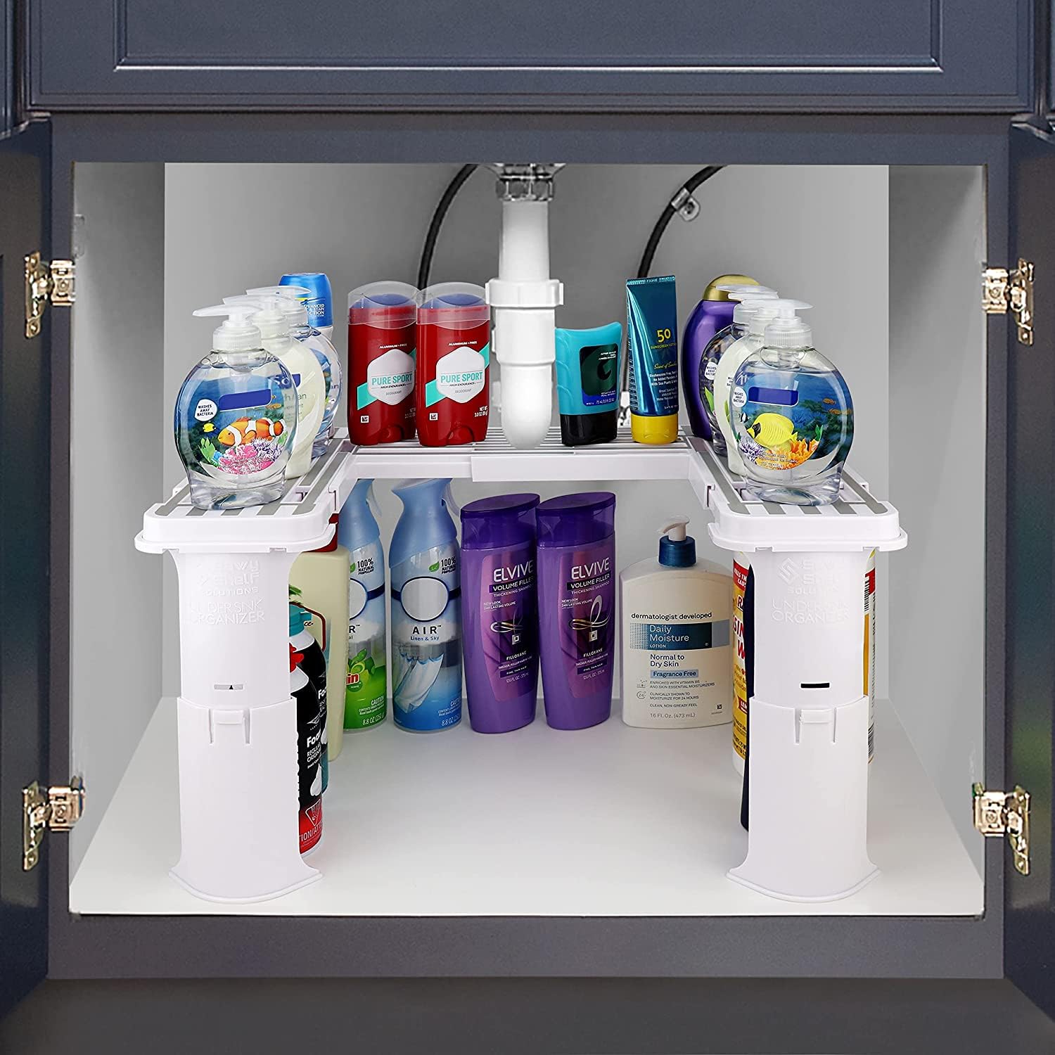 Spicy Shelf Expandable Under Sink Organizer - Plastic, White, 15.5"x2.5"x10", Model: SpicyShelf_09.10.20_2, Ideal for Bathroom