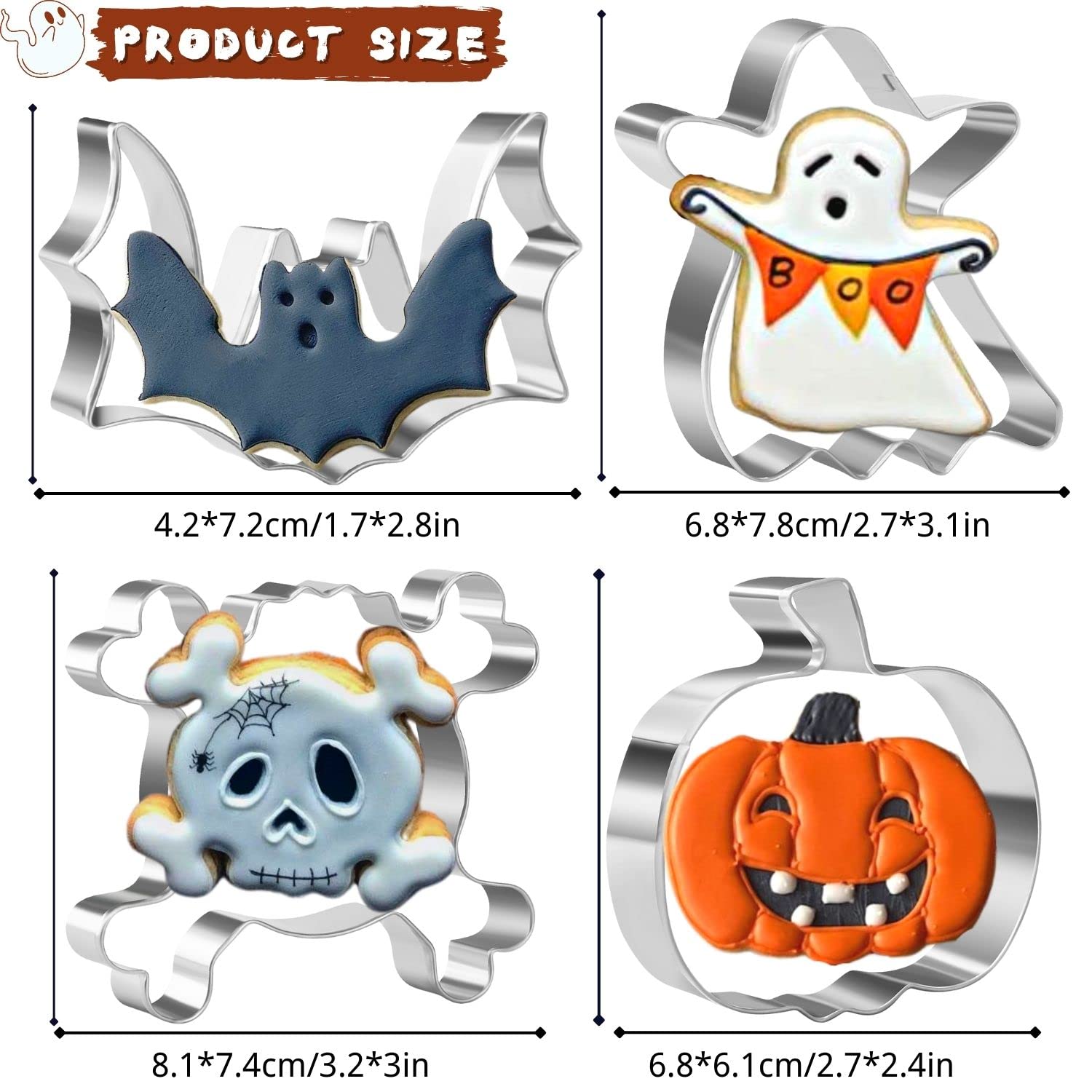 Crethinkaty 4 Pieces Halloween Cookie Cutters Set For Baking - Ghost,Bat,Pumpkin And Skull,Round Shape Stainless Steel Holiday B
