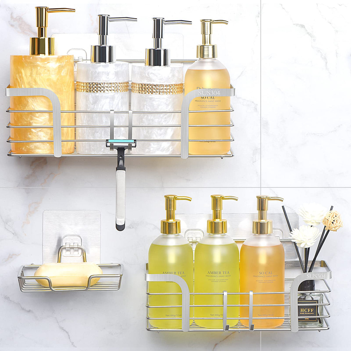 Yougai Shower Caddy Shower Shelf With Soap Dish And 4 Hooks, Sus304 Stainless Steel Shampoo Holder Bathroom Shower Organizer No