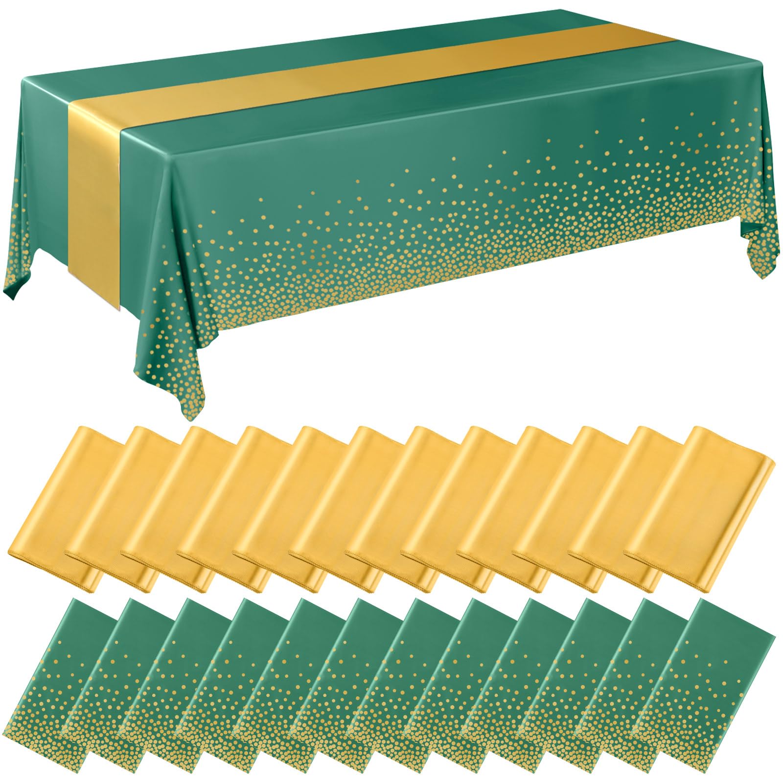 Breling 24 Pack Green and Gold Disposable Plastic Tablecloths and Satin Table Runner Set, 54 x 108 Inch Tablecloth, 12 x 108 Inc
