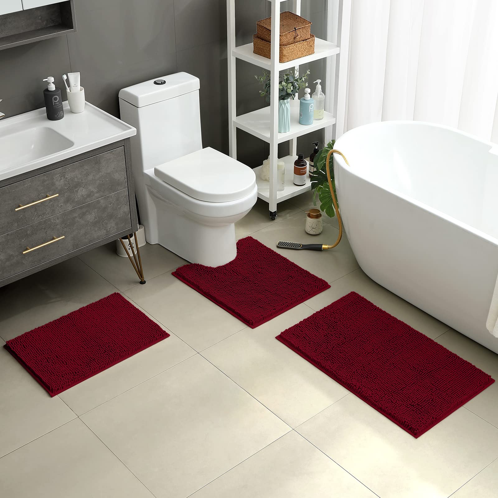 HOMEIDEAS 3 Pieces Bathroom Rugs  Ultra Soft Non Slip Absorbent Chenille Toilet Bath Mat Set (Burgundy)