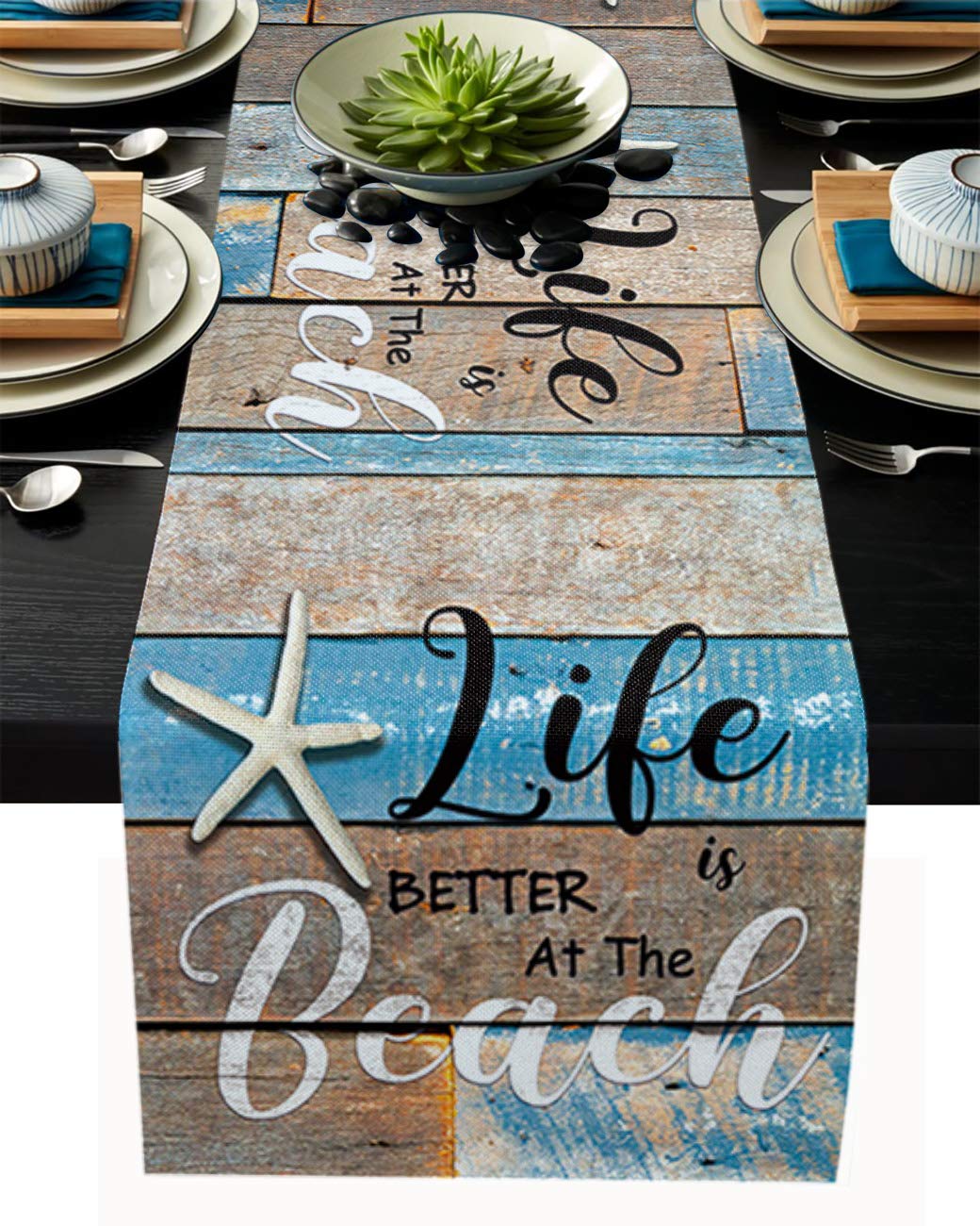 Artshowing Ocean Coastal Starfish Decorative Table Runner 13X36Inch, Linen Textured Table Runner For Kitchen Dining Wedding Part