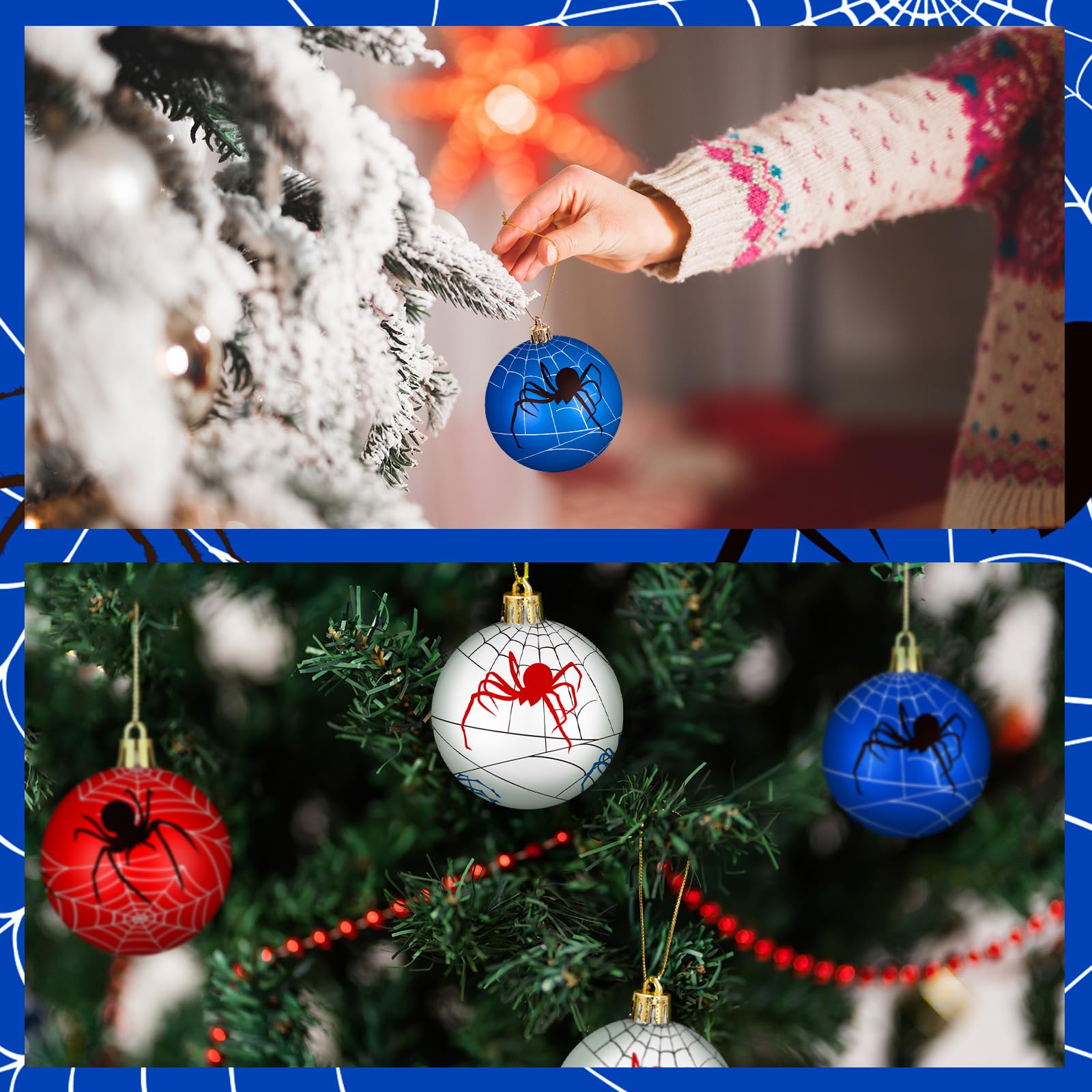 Syhood 12 Pcs 2.4'' Spider Christmas Ball Ornaments Christmas Tree Balls Foam Hanging Decoration Spider Web Pattern Xmas Party S