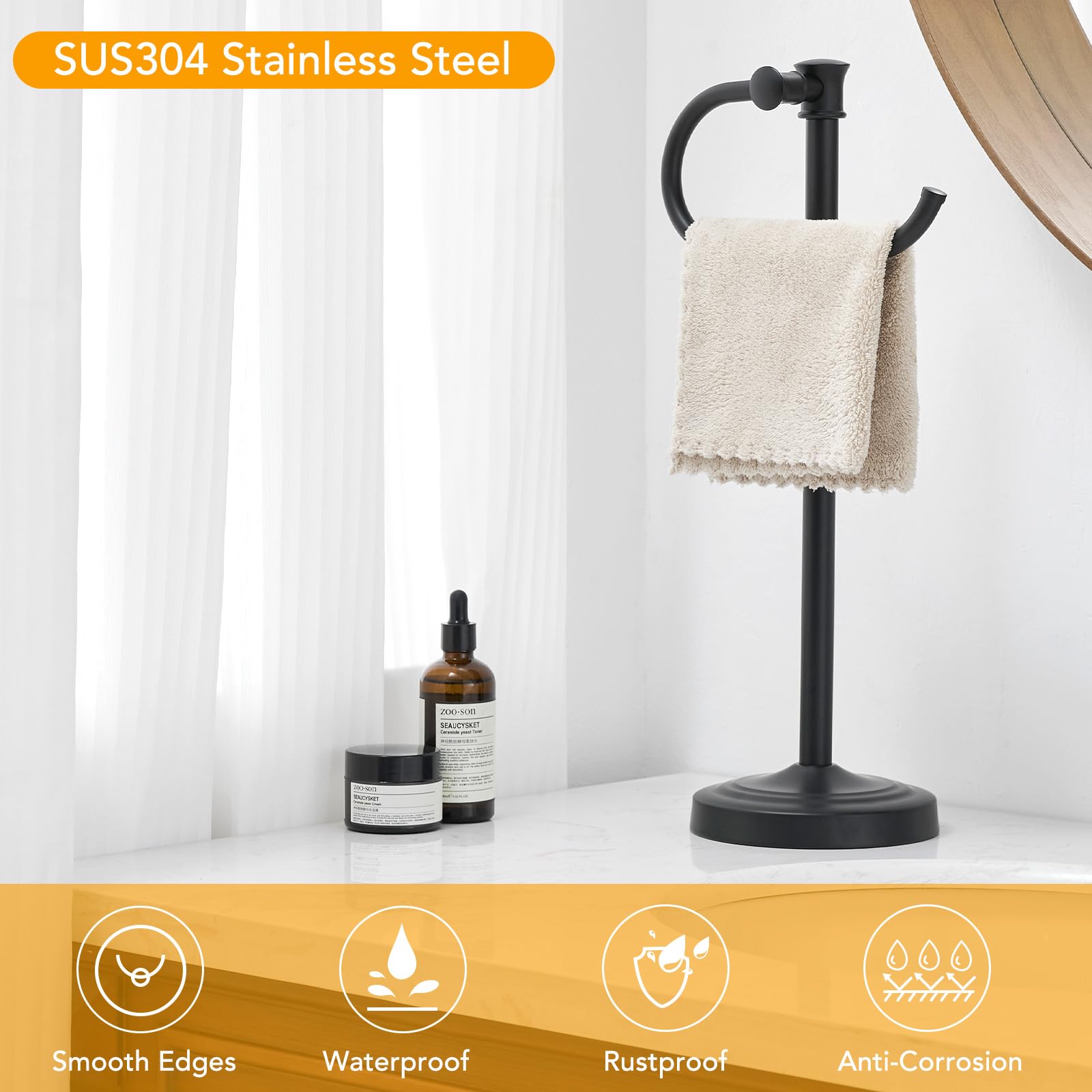 Besy 14 Inch Matte Black Stand Towel Bar Hanger Hand Towel Bar Bathroom Vanity Countertop Towel Holder Free Standing Stainless S