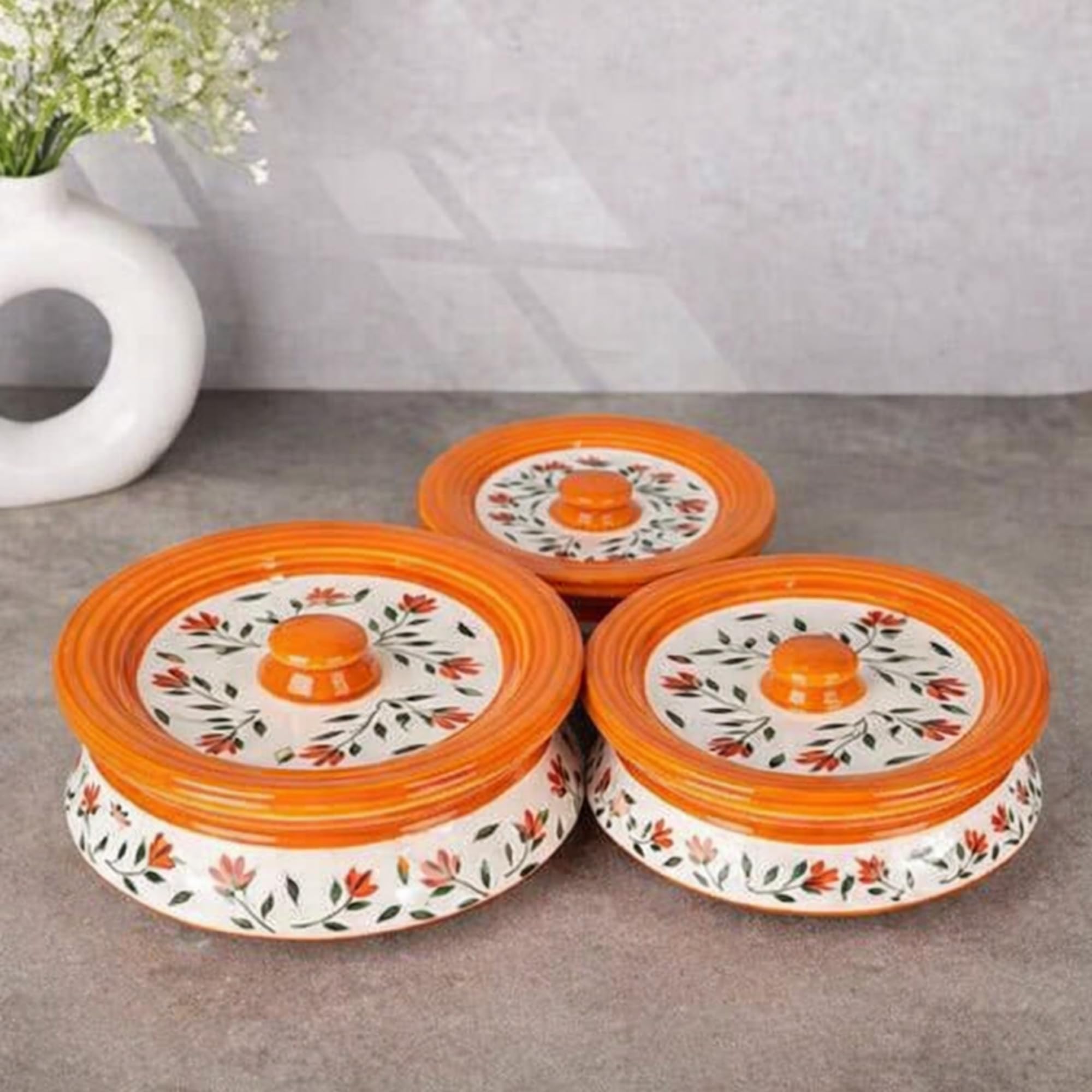 Niyara Orange Leaf Design Ceramic Casserole With Lid For Serving & Storage | Microwave Safe | Stylish Kitchen & Dining Serveware