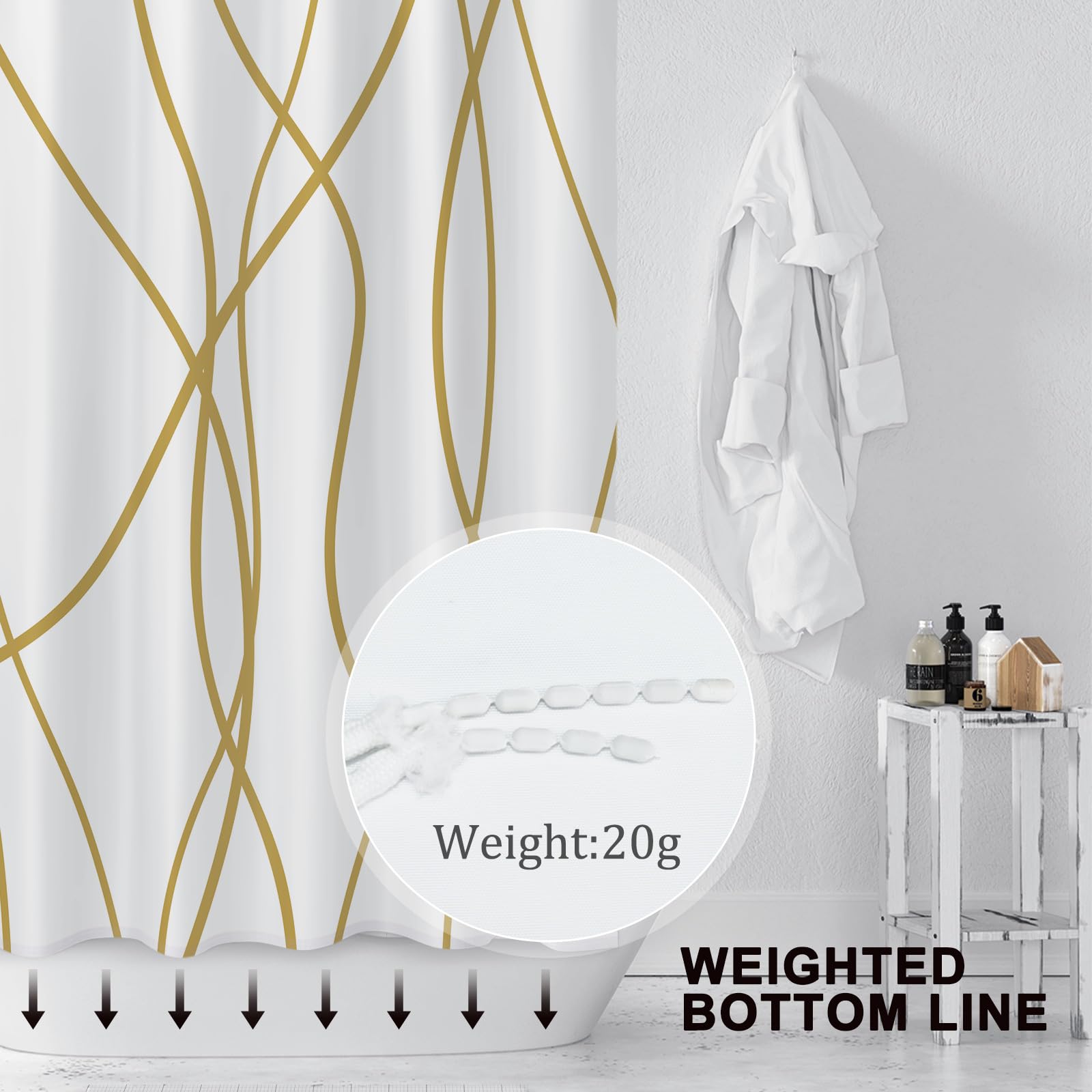 Punkray Gold Light Brown and White Striped Wavy Line Fabric Shower Curtain for Bathroom with Hooks  Shower Curtain Set Stripe Bath Curtains Decor Weighted Hem Washable  72x72