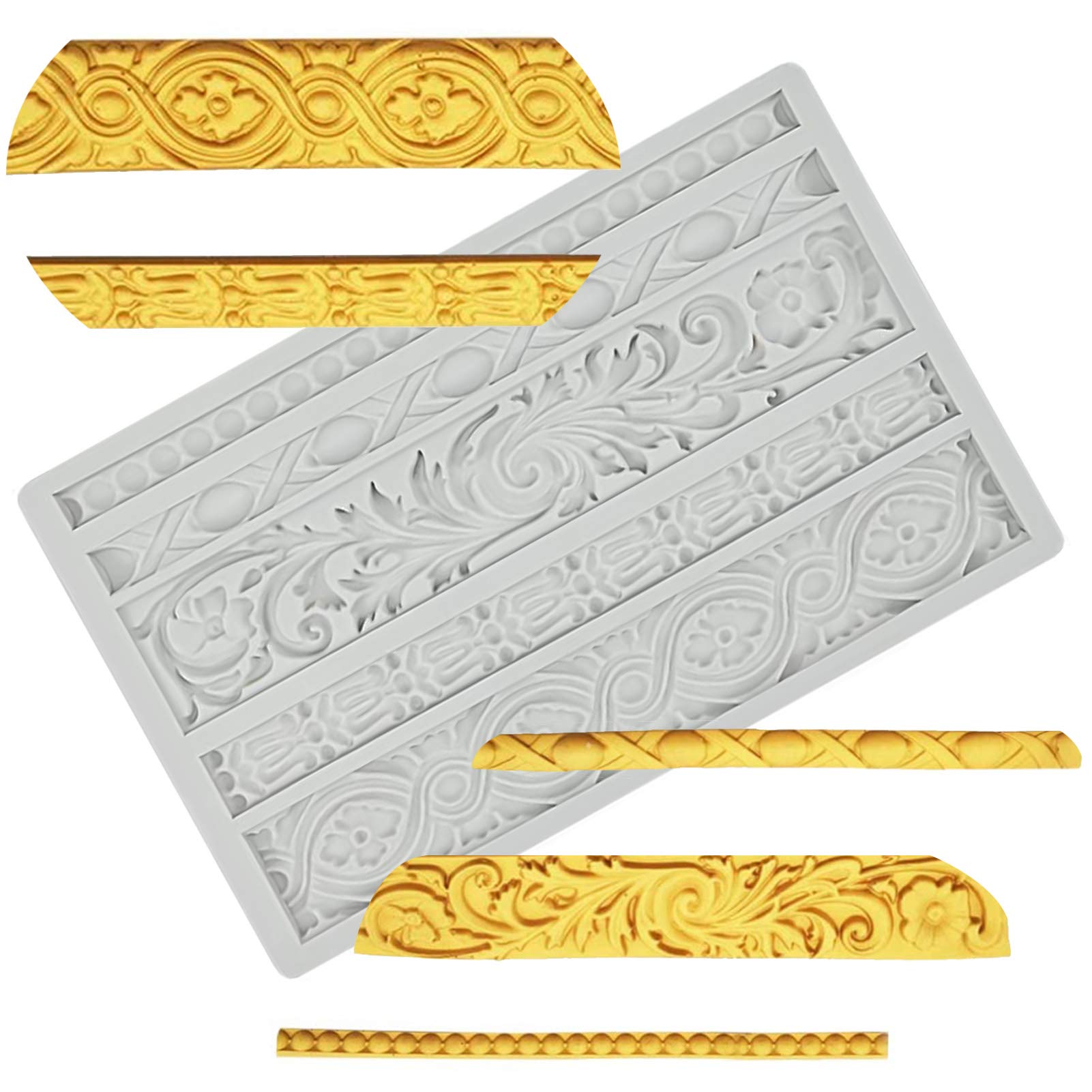 Palksky Diy Baroque Scroll Relief Cake Border Silicone Mold/Vintage Curlicues Fondant Molds Flower Frame Edible Lace Mould Mat F