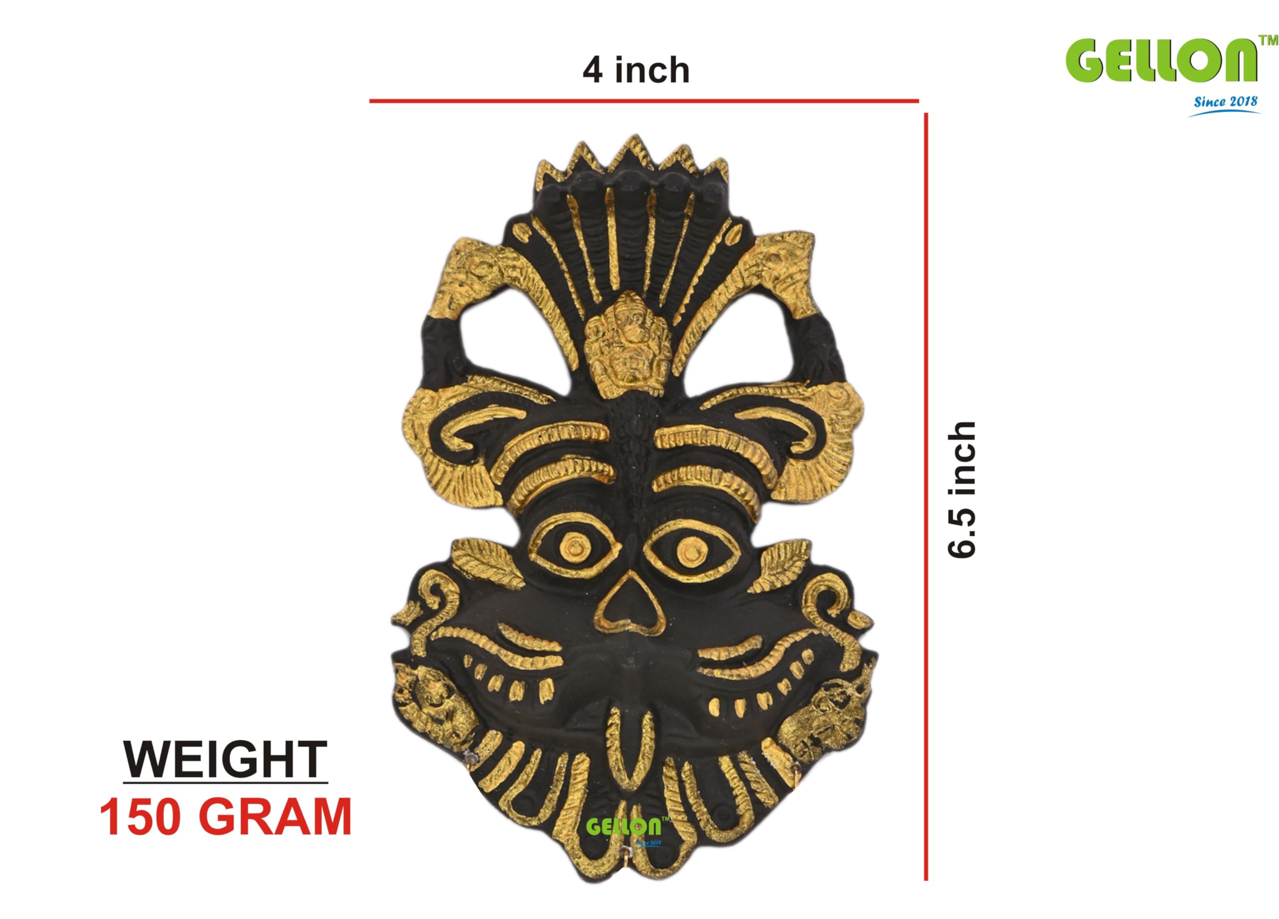 Gellon Kirtimukha In Matte Black Finish With Golden Latkan For Home Door In Metal, Wall Hanging For Home Decor, Nazar Battu For