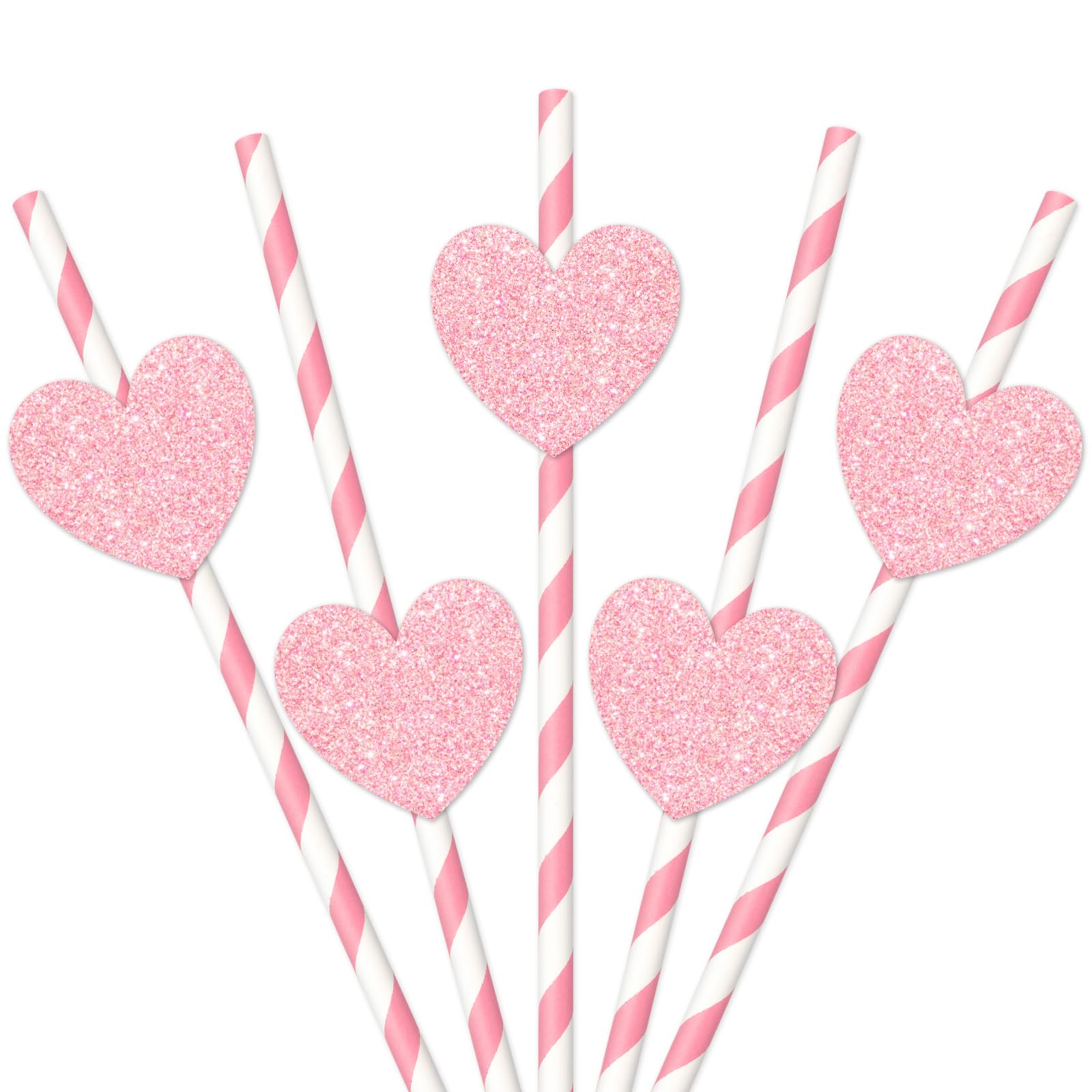 Whaline 60Pcs Valentine'S Day Paper Straws Pink Striped Drinking Straws With 60Pcs Glitter Pink Heart Slices Valentines Party Di
