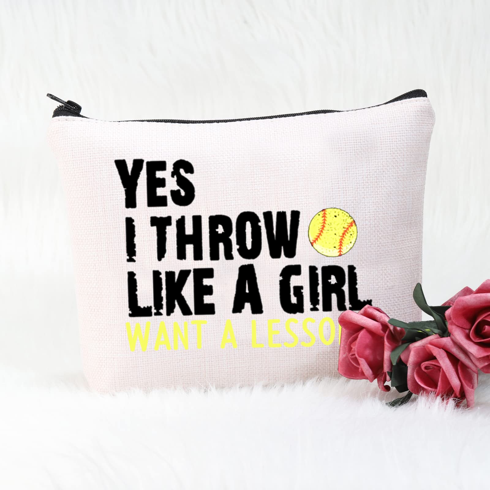 Pofull Softball Player Gift Softball Team Gift Yes I Throw Like A Want A Lesson Softball Cosmetic Bag (I Throw Like A Girl Want