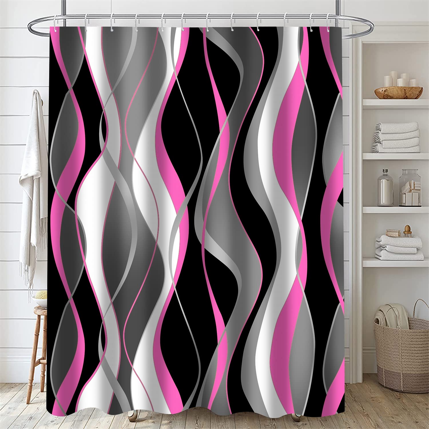 Nkzply 4 Pcs Pink And Black Striped Shower Curtain Set Grey And White Bathroom Sets With Shower Curtain And Rugs Modern Home Bat