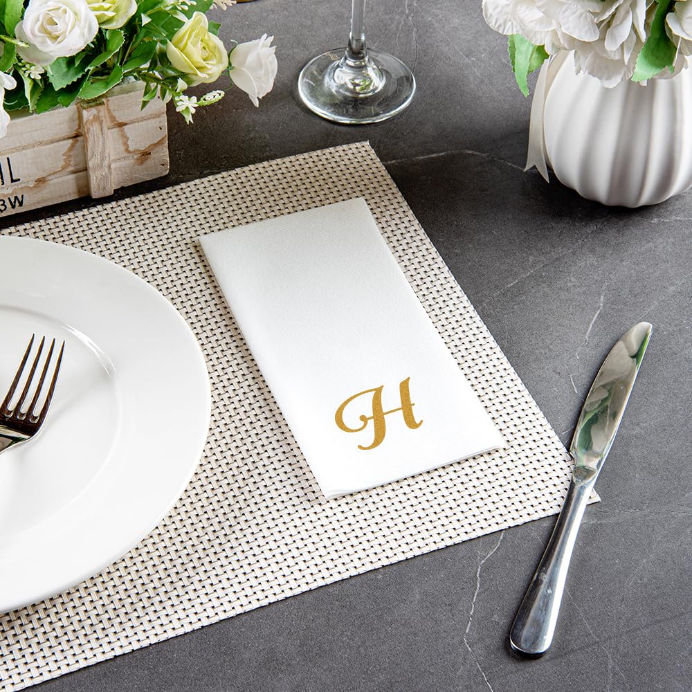 Luxenap 15.8 X 7.9 Inch Linen-Feel Guest Towels, 2000 Lettered Hand Towels - Gold Letter 'H', Cursive Font, White Paper Dinner N