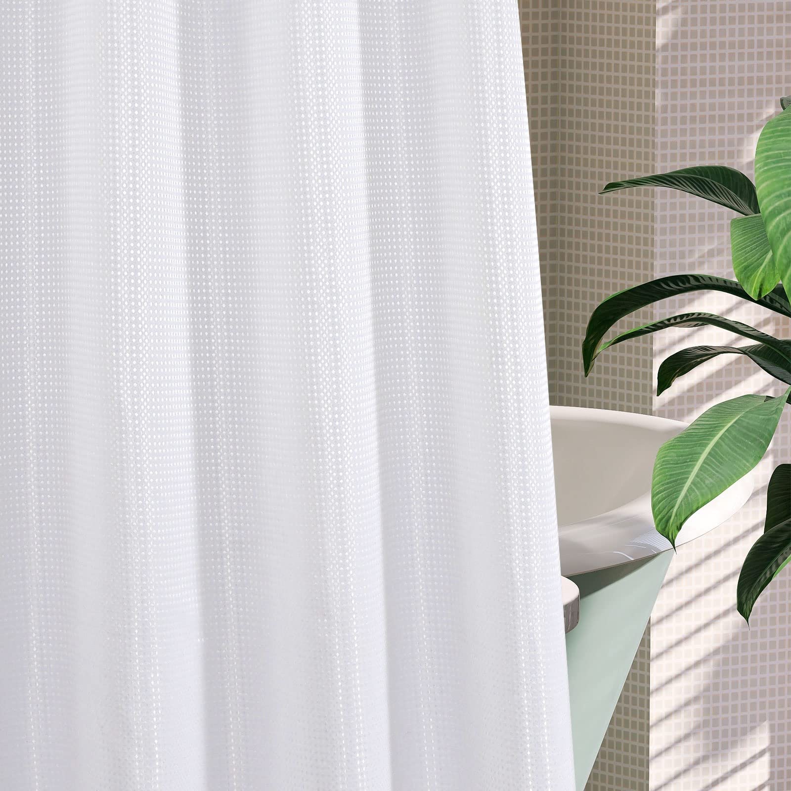 Mitovilla White Waffle Small Stall Shower Curtain 36 X 74, No Hooks Required Half Size Narrow Fabric Shower Curtain Set With Sna