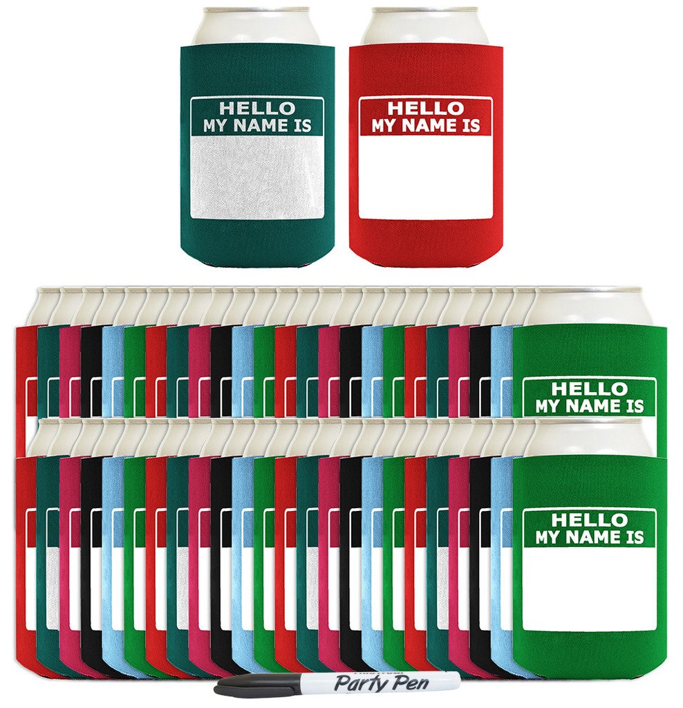 Wedding Party Favor Hello My Name Is Blank Name Badge Set 48-Pack Drink Can Coolers Party Pack With Marker