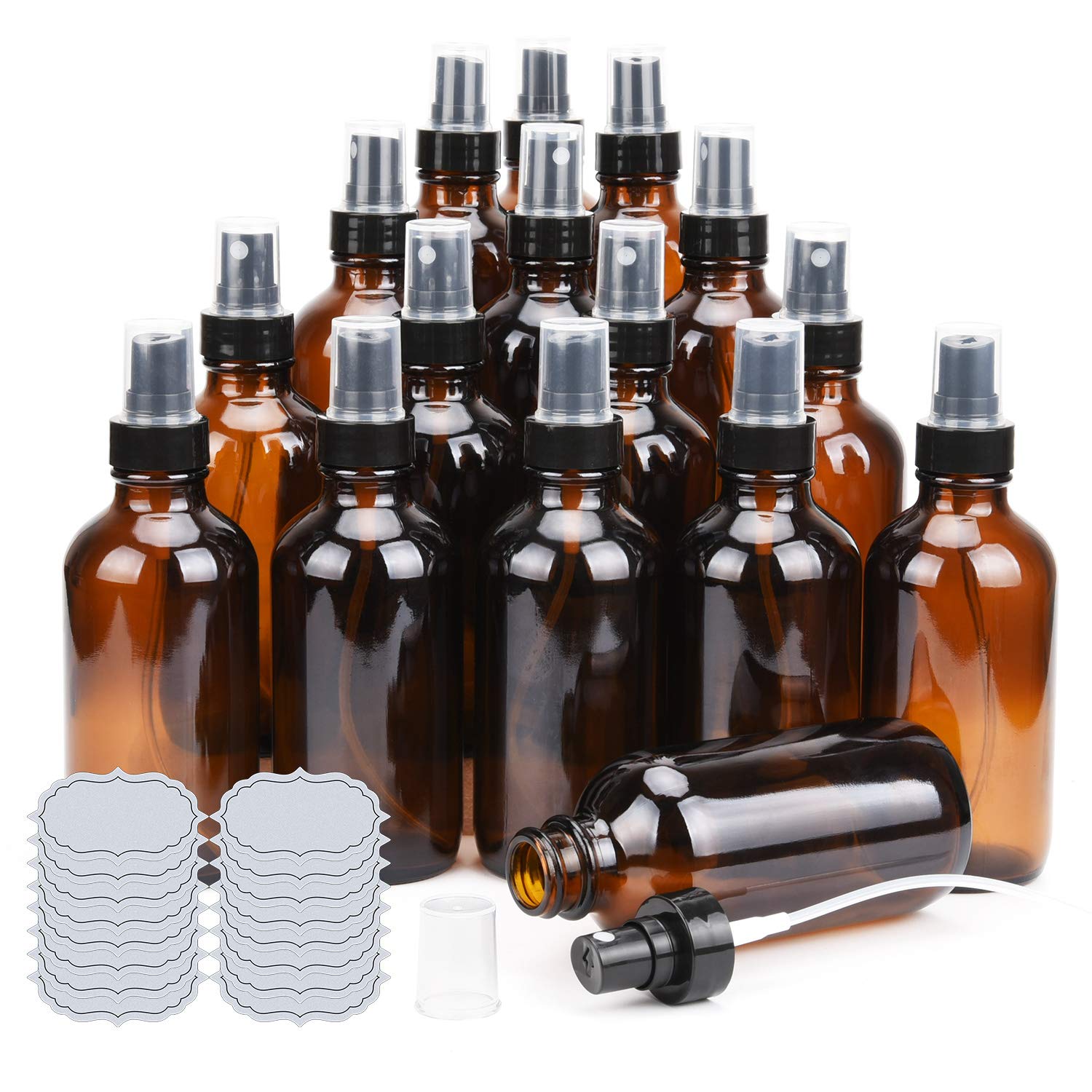 Ulg Amber Glass Spray Bottles 4Oz Brown Glass Bottle Fine Mist Sprayers Empty Spray Atomizer Including Waterproof Diy Labels 16