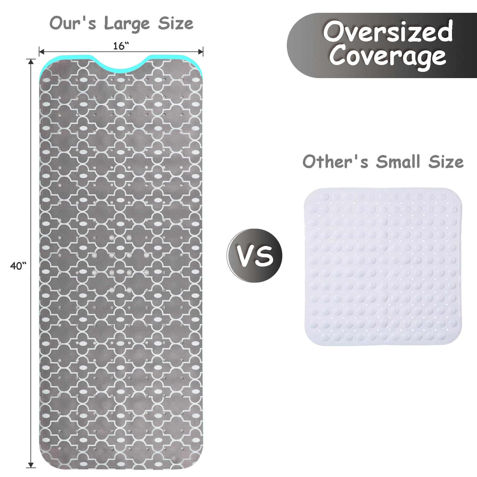 Bathtub Mat Non Slip, Grey Extra Long Bath Tub Mat Shower Floor Mat With Suction Cups And Drain Holes For Adults Kids Elderly 40