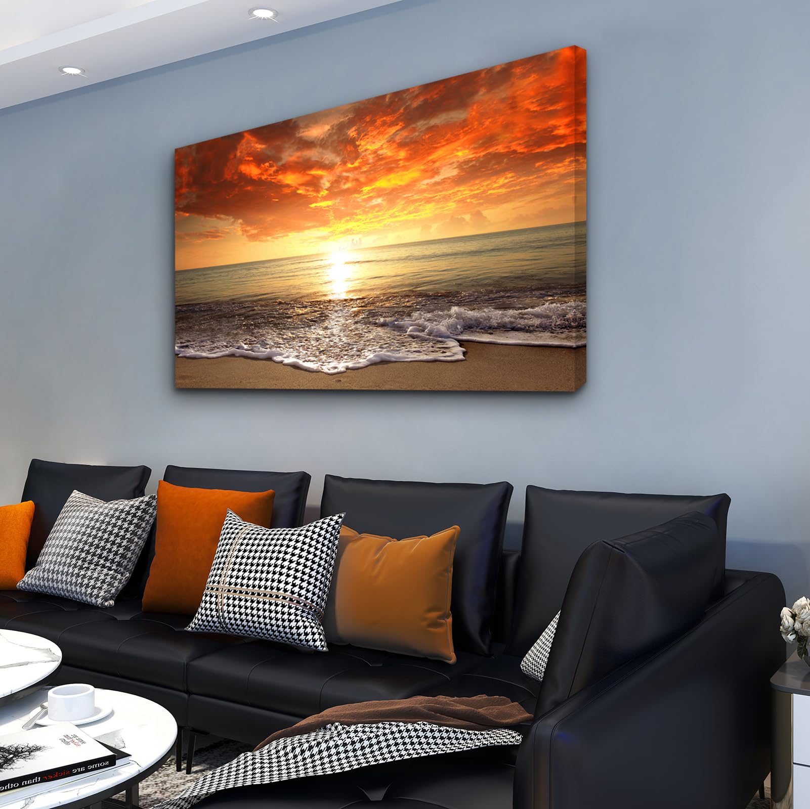 Baisuart-S0169 Canvas Prints Wall Art Sunset Ocean Beach Pictures Photo Paintings for Living Room Bedroom Home Decorations Modern Stretched and Framed Seascape Waves Landscape Giclee Artwork