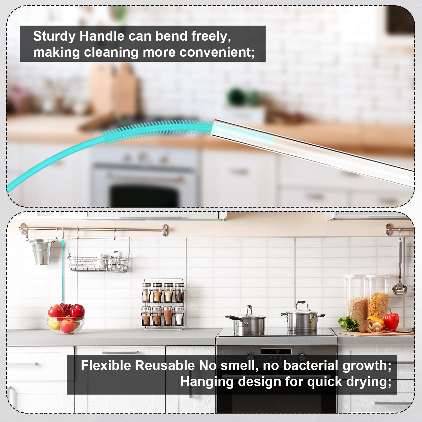 2Pcs Silicone Straw Brushes, 6Mm+8Mm Extra Long Straw Cleaning Brush Reusable Bottle Straw Washing Tool With Hanging Ring Bendab