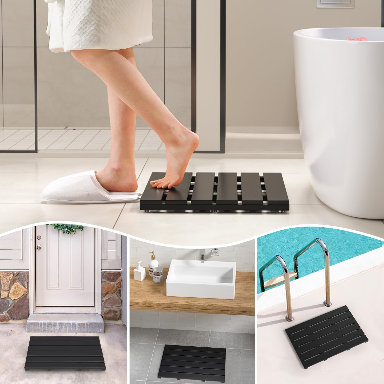 Domax Wooden Bamboo Bath Shower Mat- Non-Slip Waterproof Large Bathroom Floor Mat For Indoor Outdoor (Black, 21.26 X 14.17 X 1.3