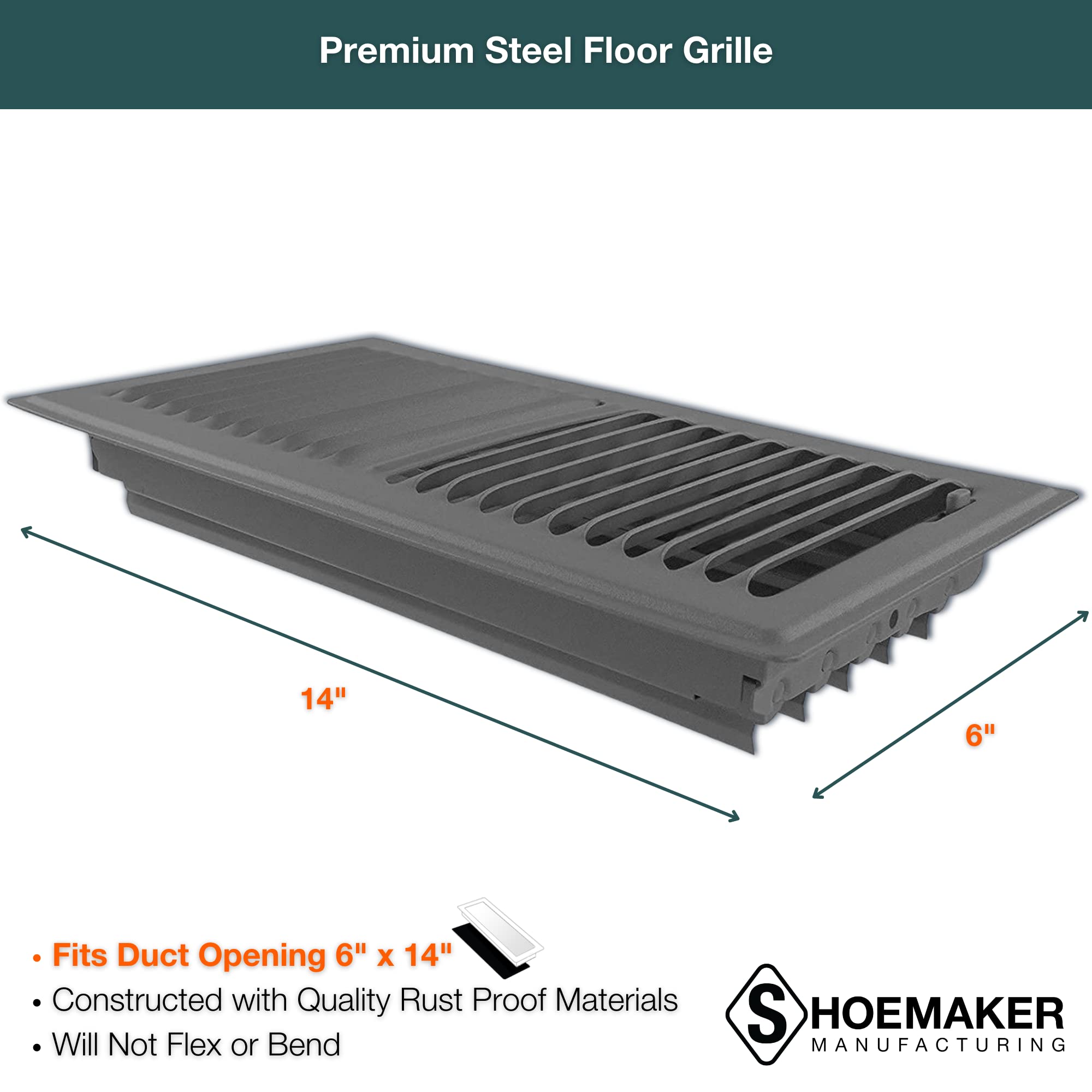 Shoemaker Manufacturing, Storm Gray, 6X14, Premium Floor Register, All Steel Heavy Duty Vent Cover