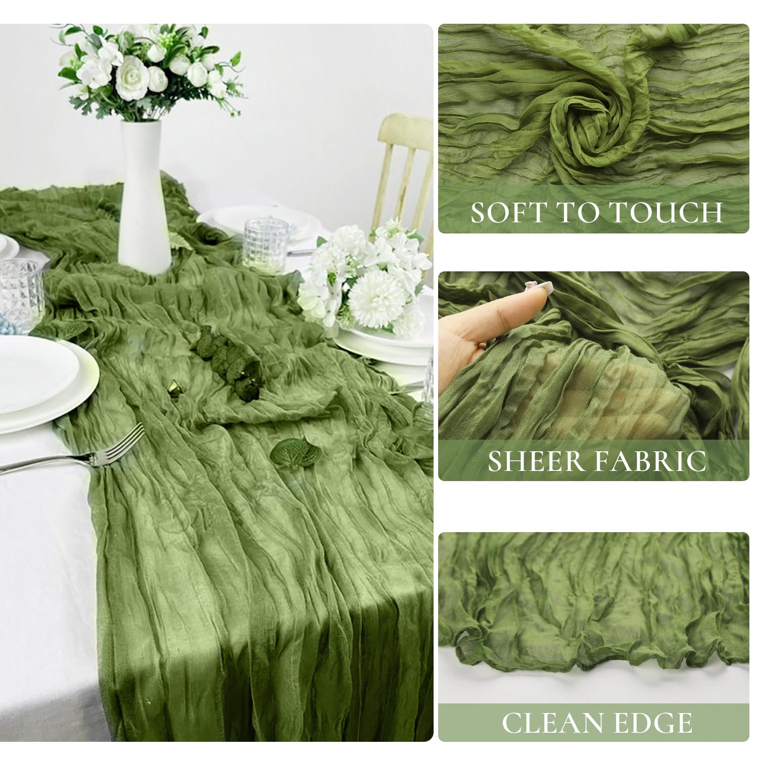 10 Packs Olive Green Cheese Cloth Table Runners, 10FT Boho Gauze Moss Green Cheesecloth Table Runner for Wedding Bridal Baby Sho