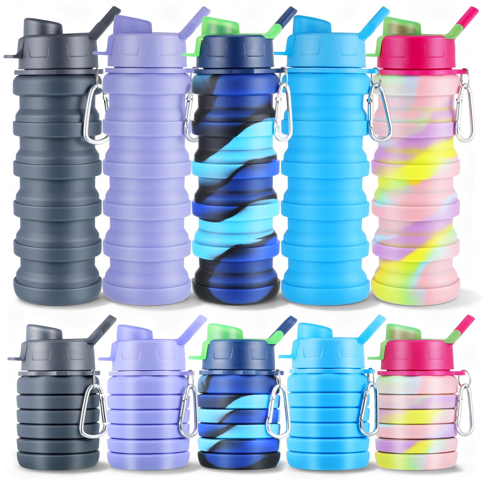 KongTiva 5 Pcs Collapsibles Water Bottles, 16 oz Portable Water Bottle with