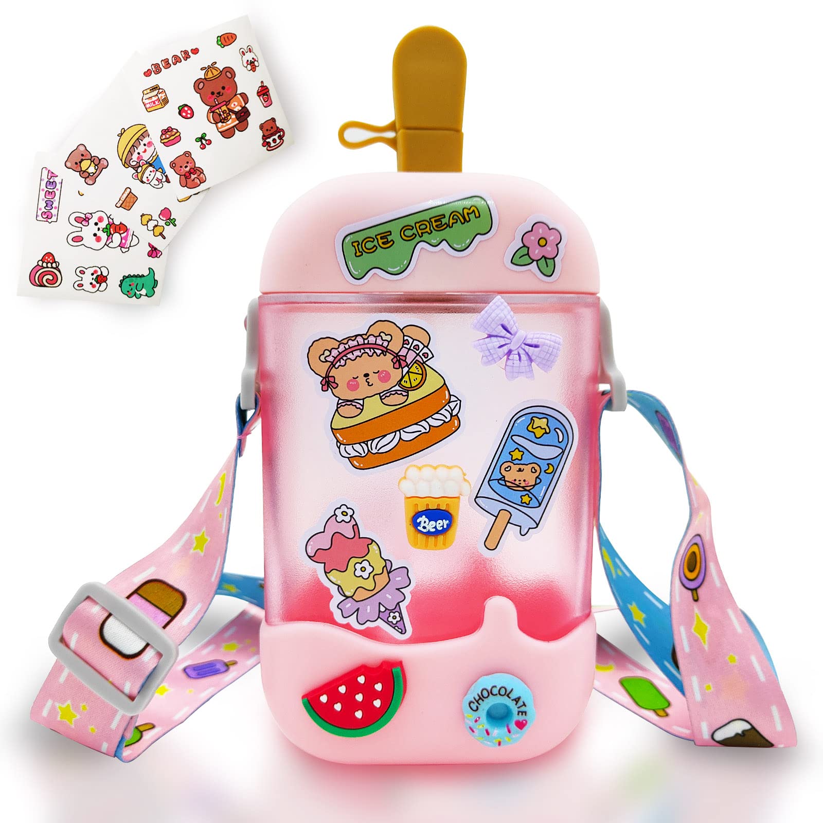 Kawaii Water Bottle Cute Ice Cream Water Bottles With Straw, Kawaii Popsicle Water Bottle With Adjustable Shoulder Strap And Sti