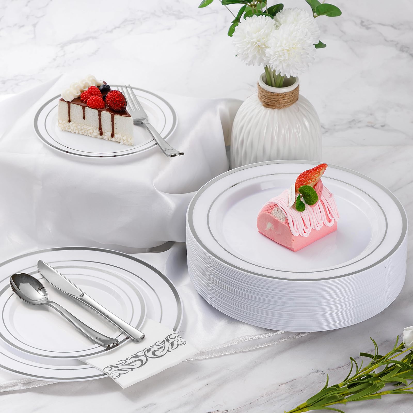 350 Piece Silver Dinnerware Set for 50 Guests  disposable Plastic Plates for Party  Include: 50 Silver Rim Dinner Plates  50 Dessert Plates  50 Paper Napkins  50 Cups  50 Plastic Silverware set