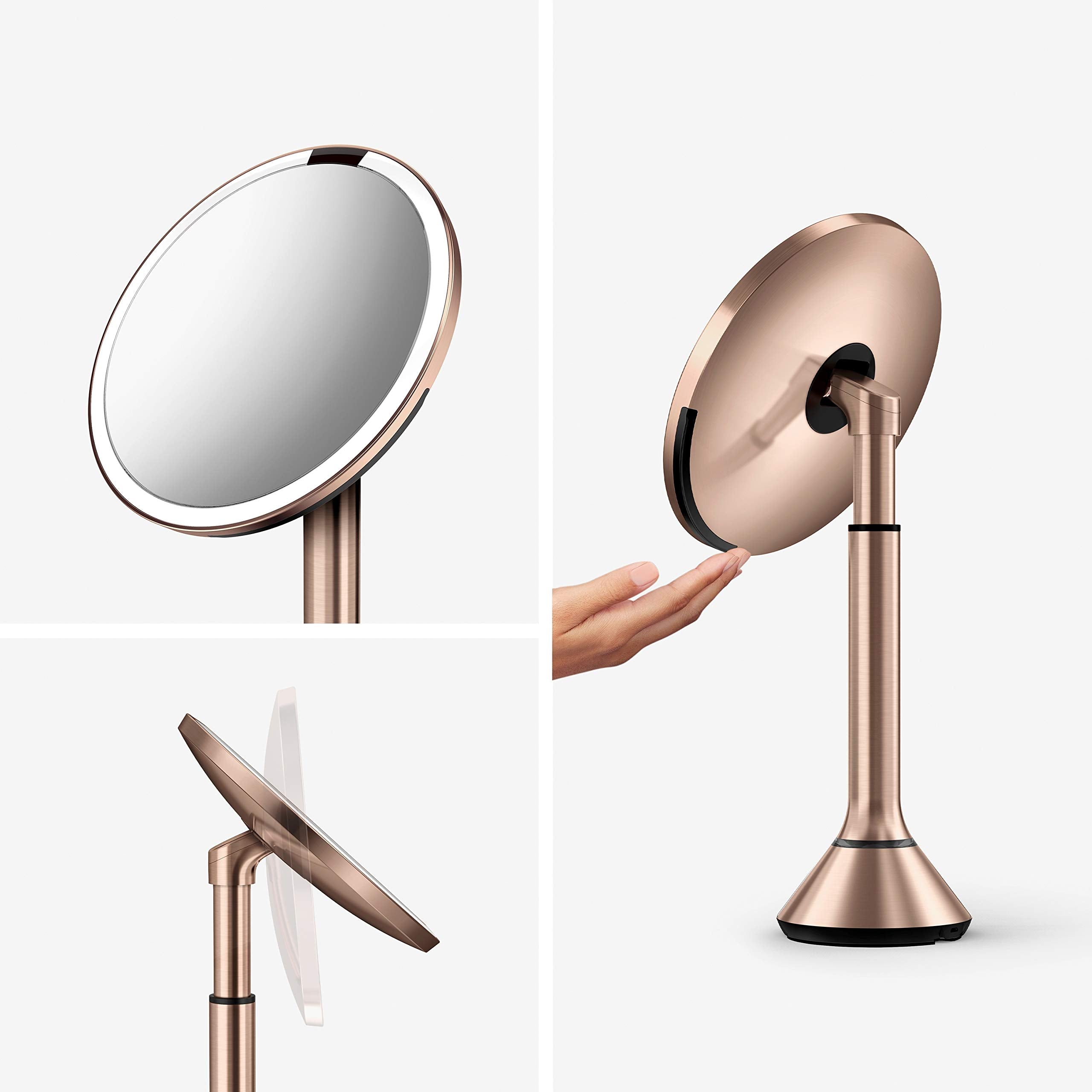 simplehuman Sensor Mirror - Lighted Makeup Mirror, 5X Magnification, 8" Round, Cordless, Rose Gold Stainless Steel, Model ST3053